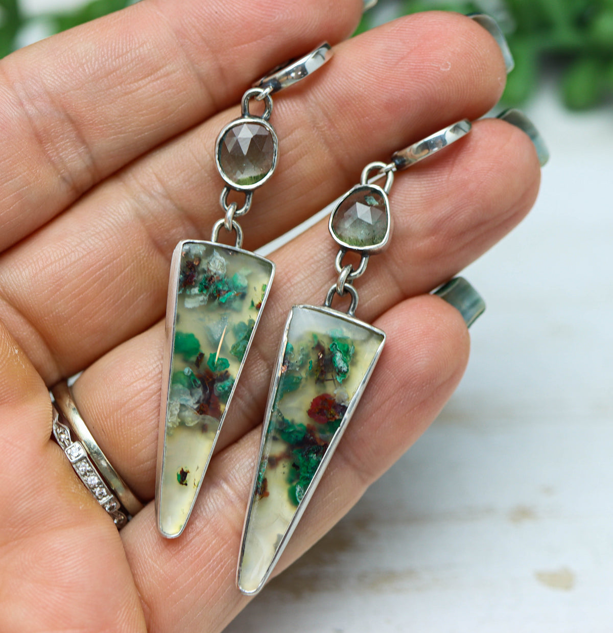 Confetti Chrysocolla with Blue Tourmaline Dangle Earrings Sterling Silver