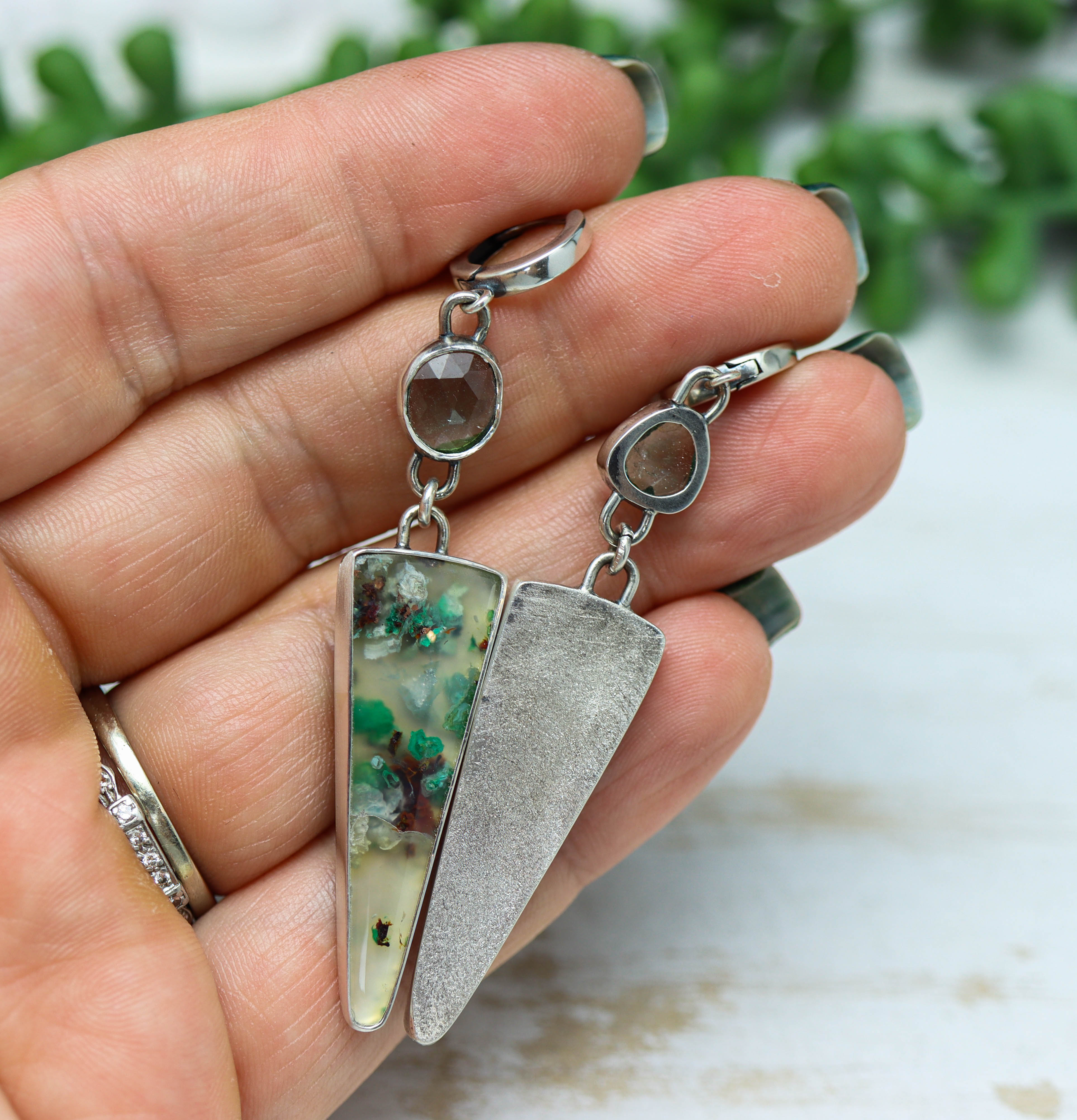 Confetti Chrysocolla with Blue Tourmaline Dangle Earrings Sterling Silver