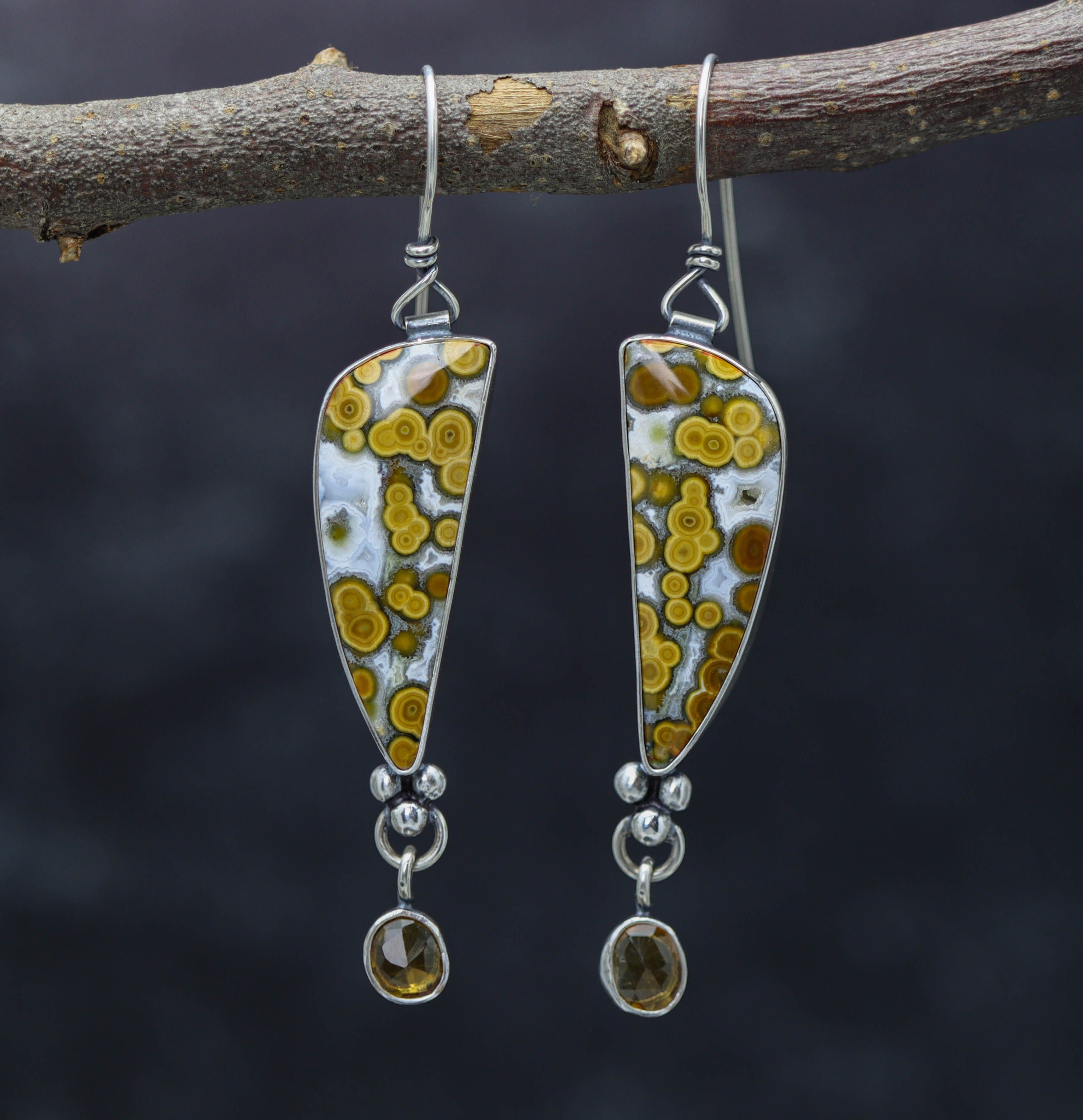 Orbicular Jasper and Mandarine Citrine Dangle Earrings Sterling Silver