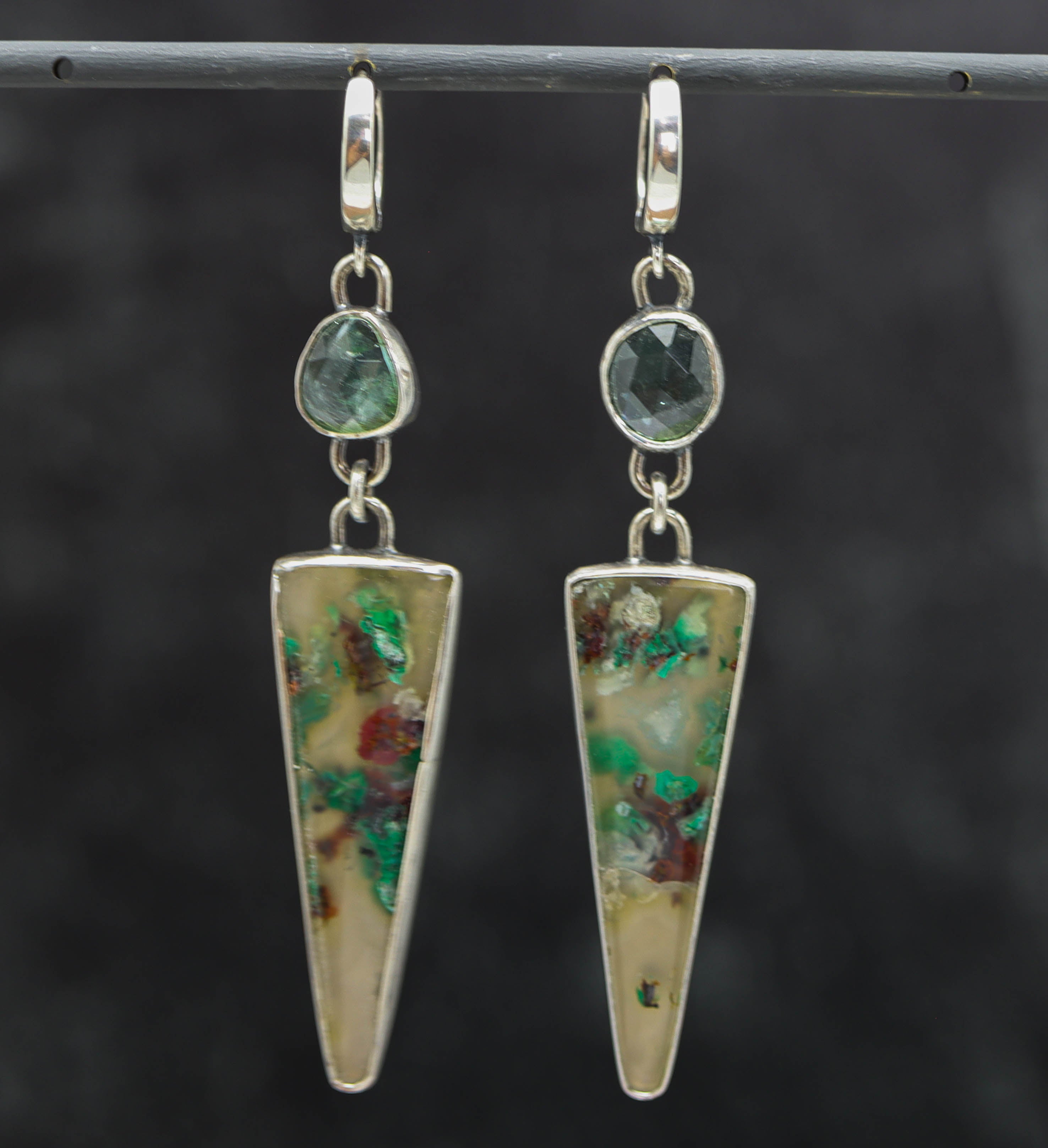 Confetti Chrysocolla with Blue Tourmaline Dangle Earrings Sterling Silver