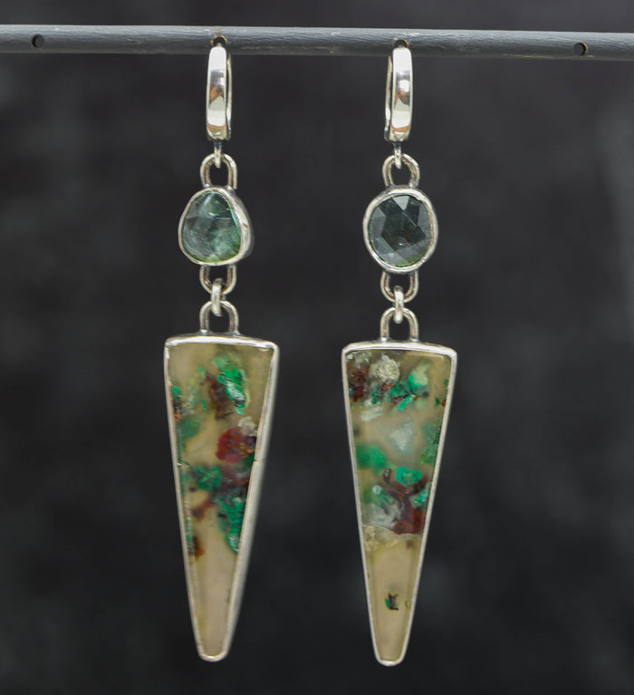 Confetti Chrysocolla with Blue Tourmaline Dangle Earrings Sterling Silver