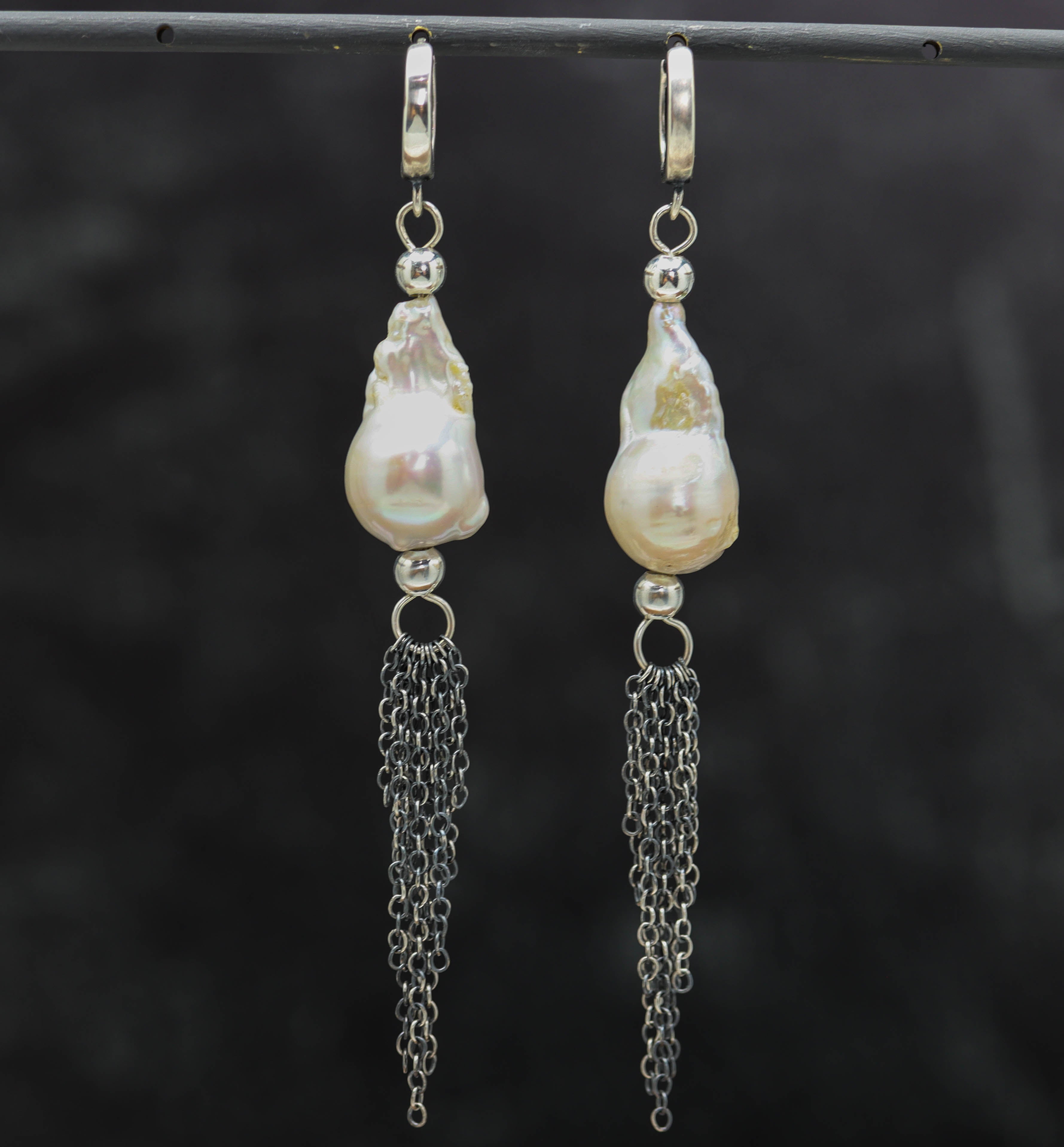 Baroque Pearl Dangle Fringe Earrings Sterling Silver