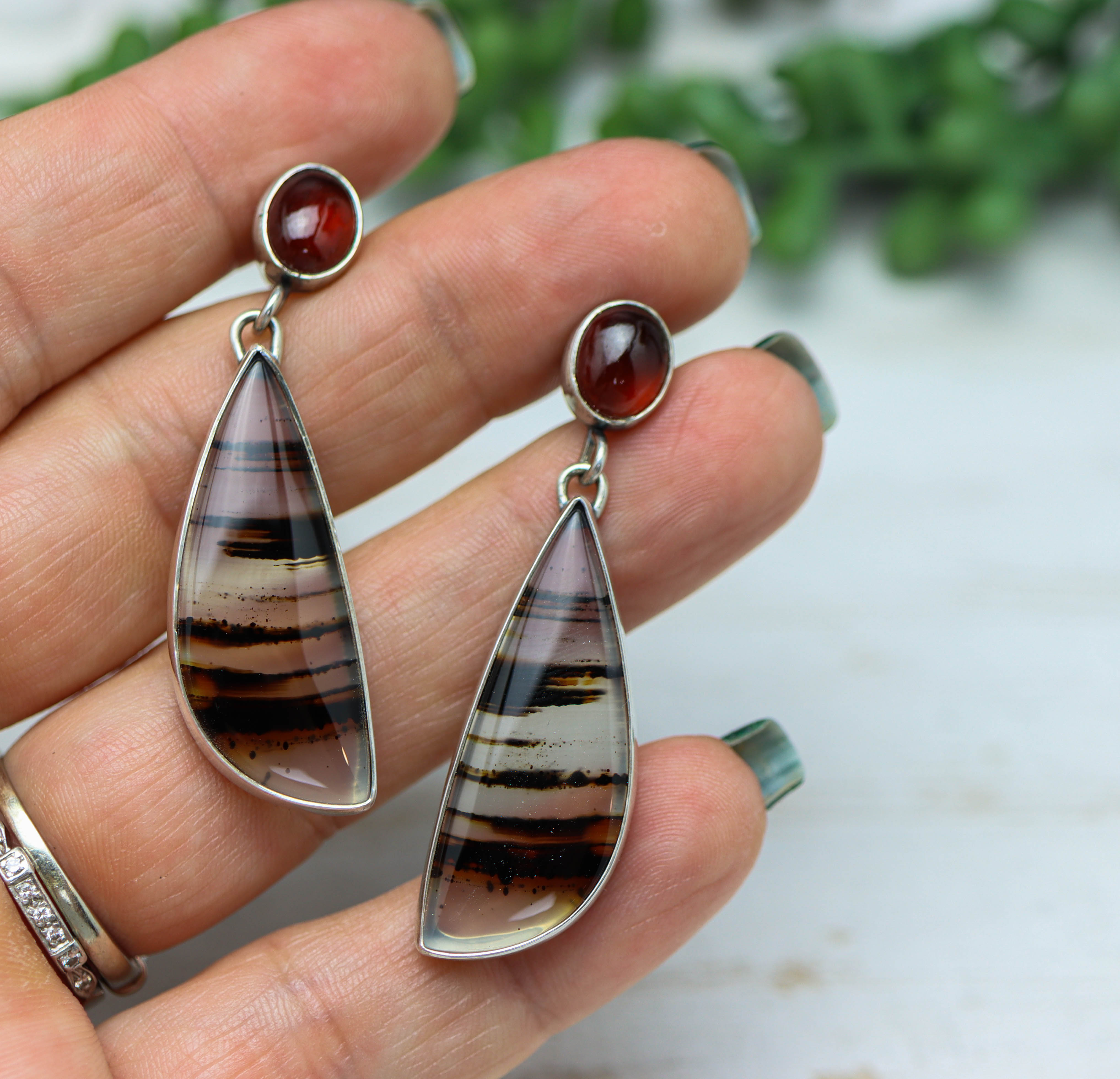 Montana Agate and Hessonite Garnet Dangle Earrings Sterling Silver