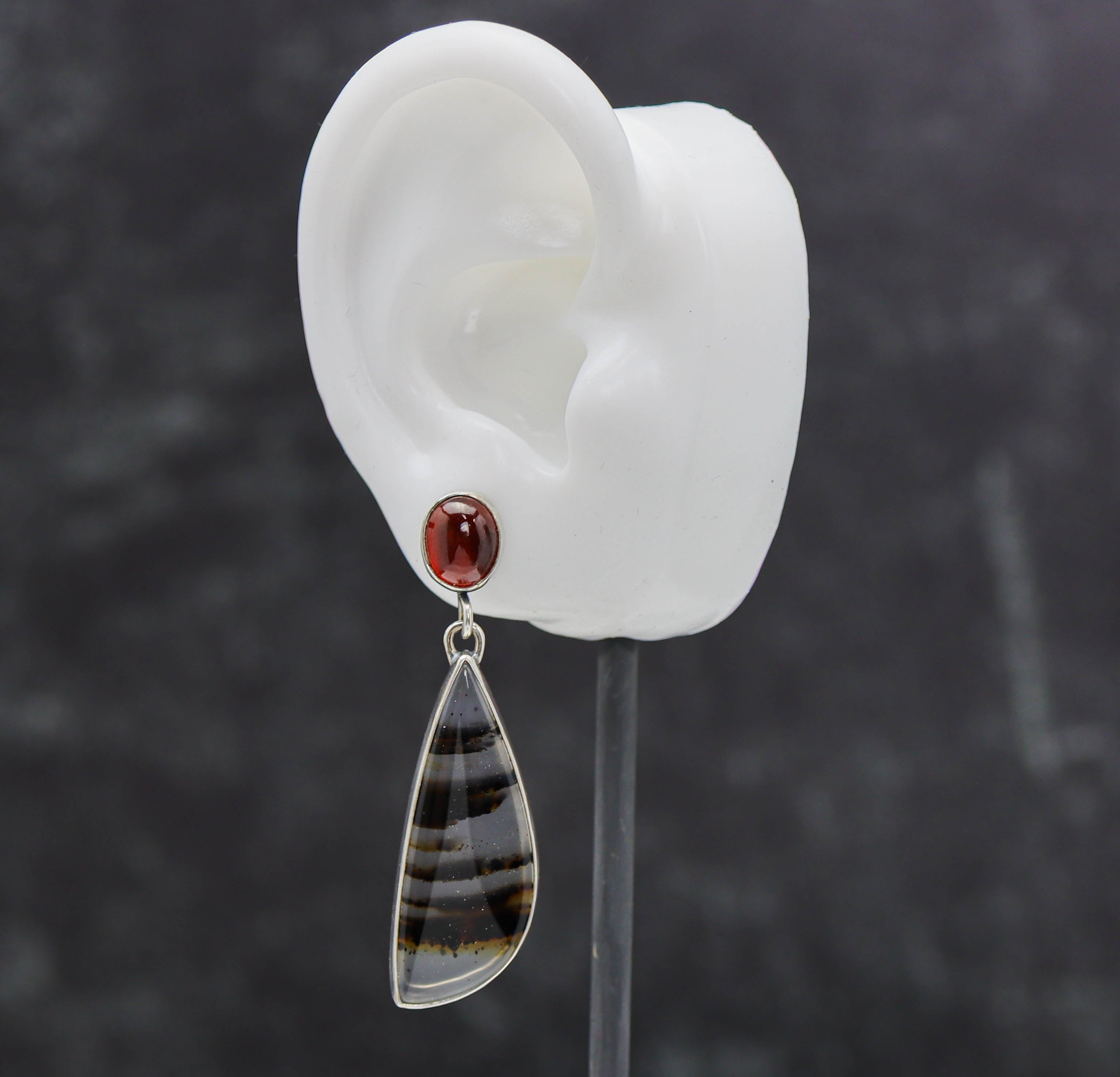 Montana Agate and Hessonite Garnet Dangle Earrings Sterling Silver
