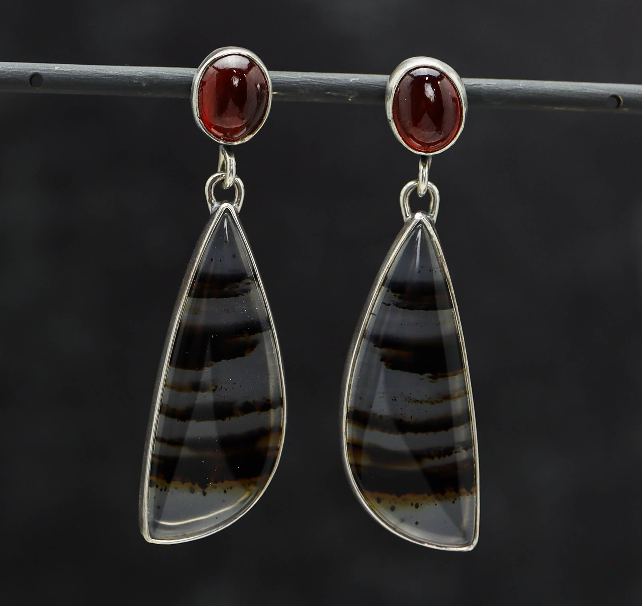 Montana Agate and Hessonite Garnet Dangle Earrings Sterling Silver