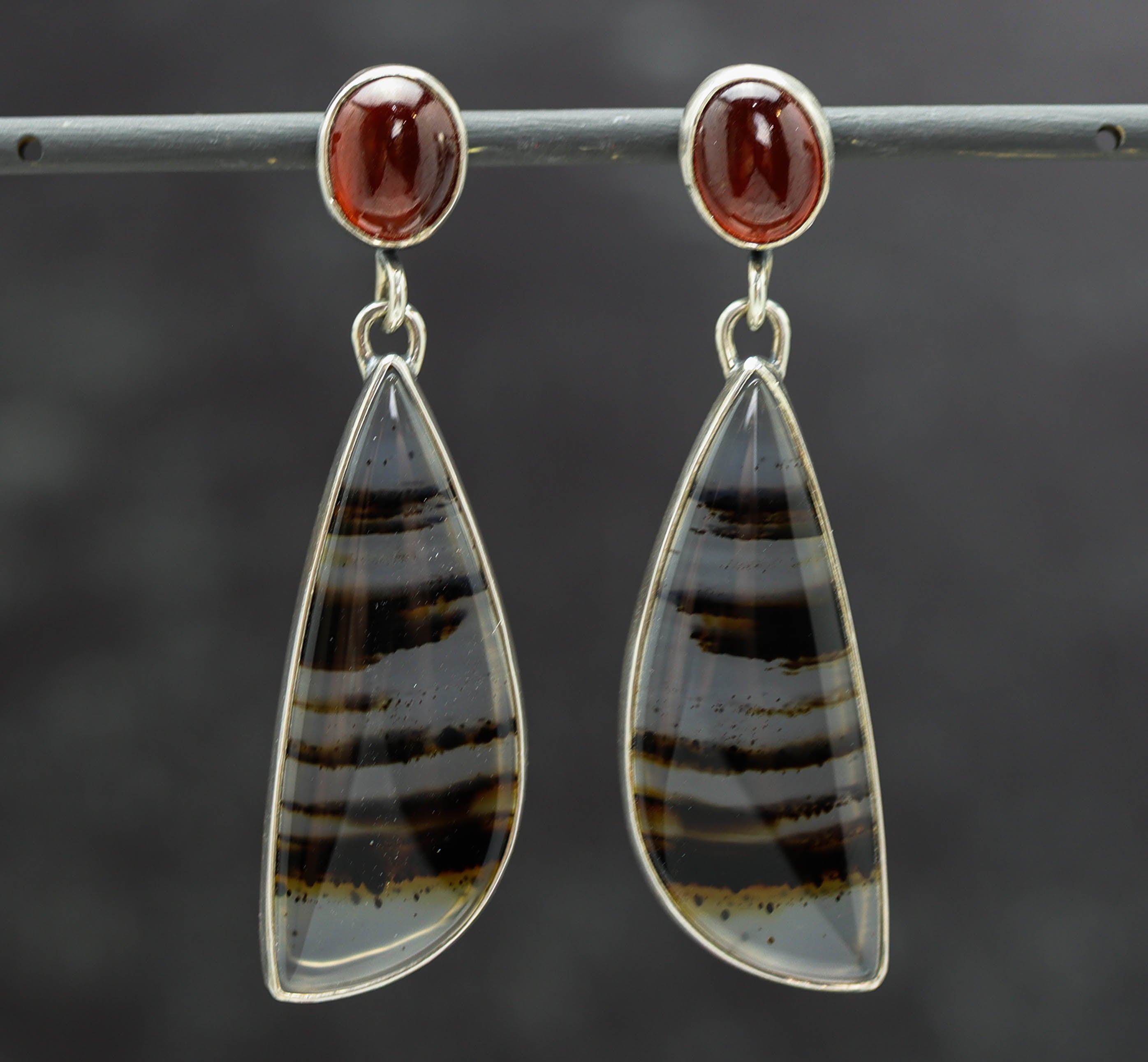 Montana Agate and Hessonite Garnet Dangle Earrings Sterling Silver
