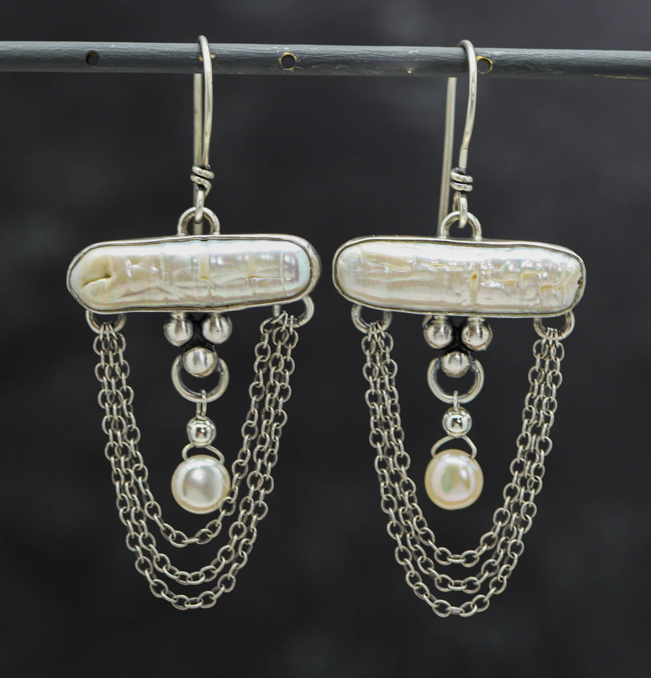 Baroque Pearl & Draped Chain Earrings in Sterling Silver