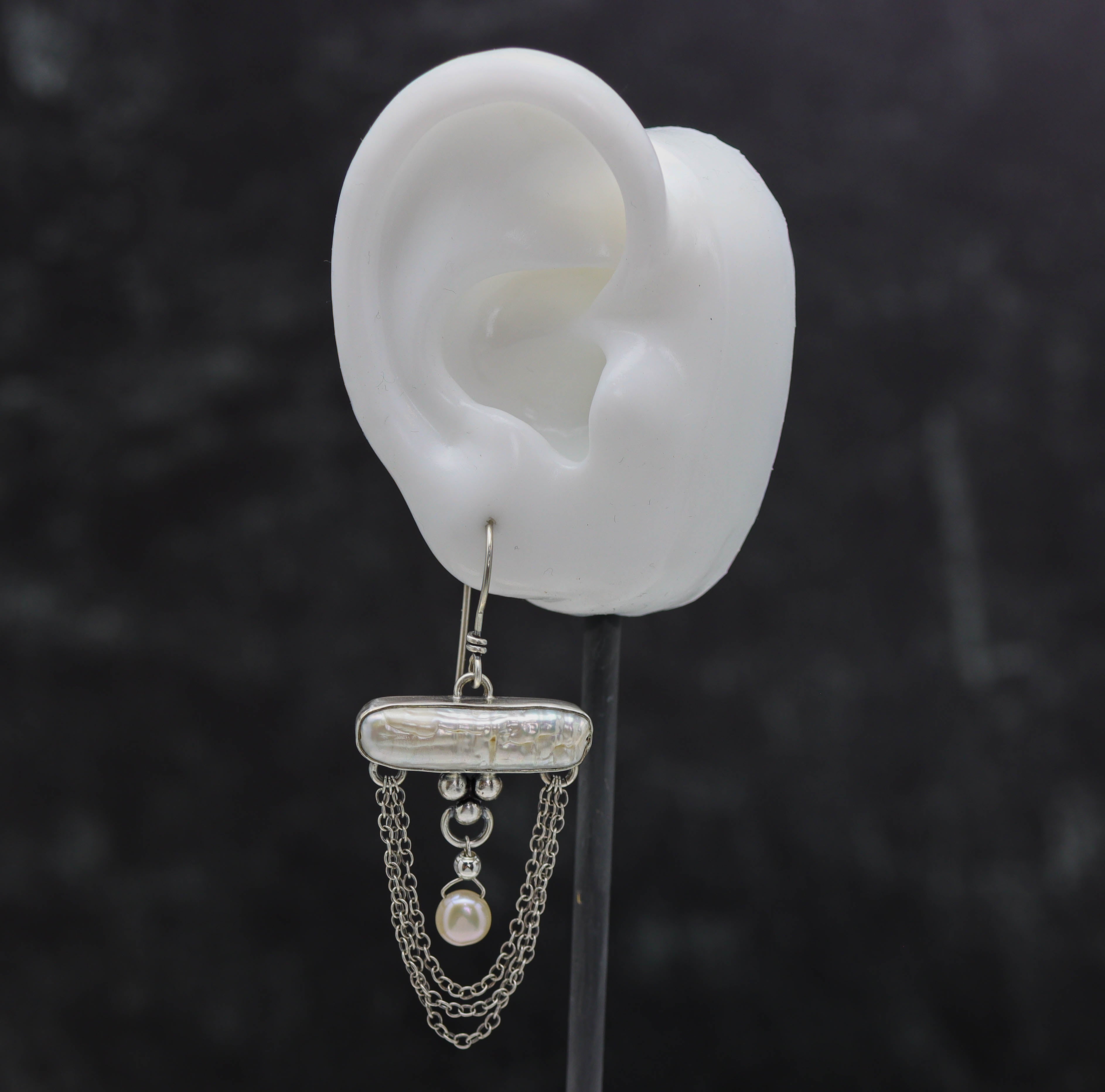 Baroque Pearl & Draped Chain Earrings in Sterling Silver