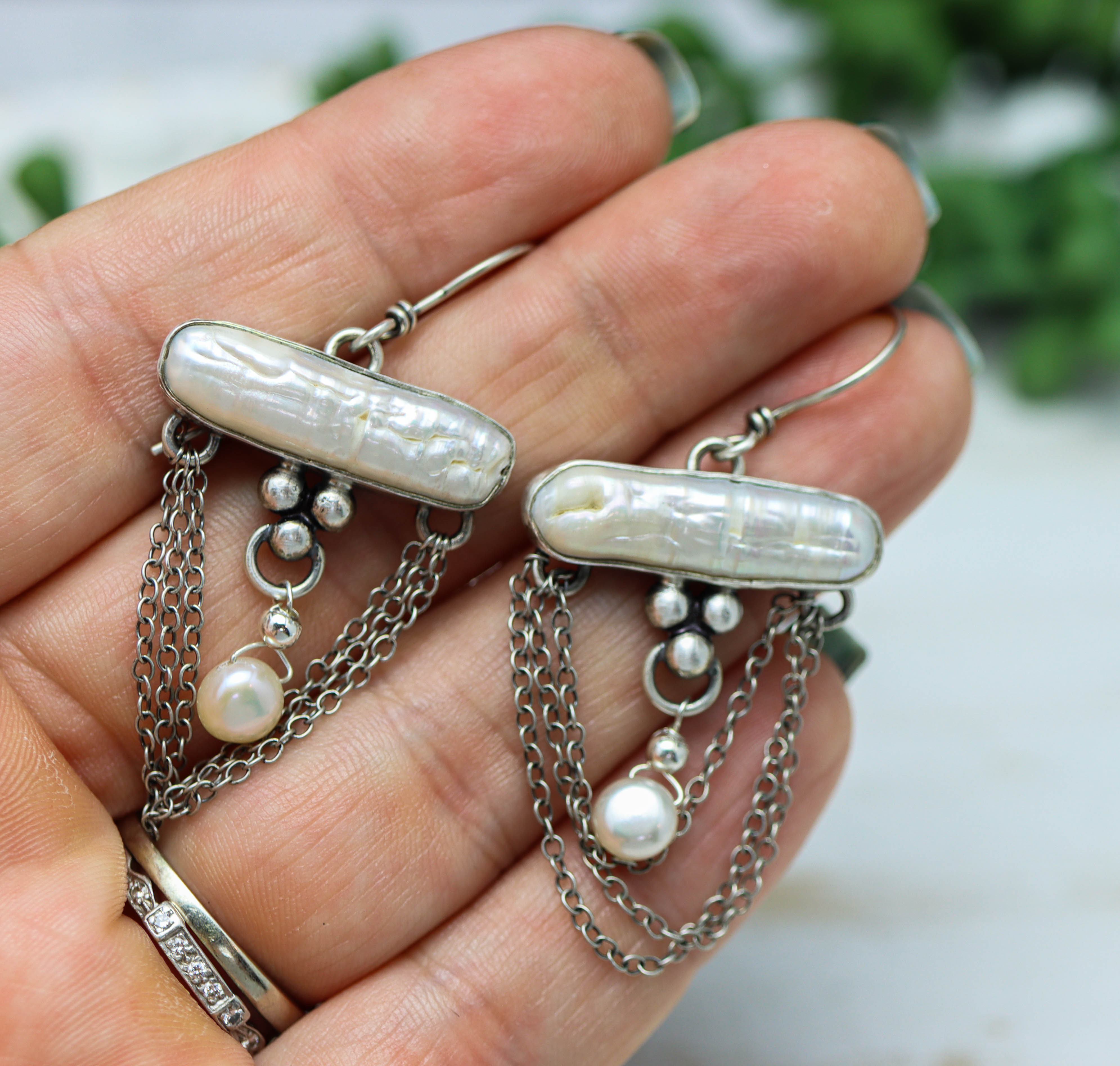 Baroque Pearl & Draped Chain Earrings in Sterling Silver