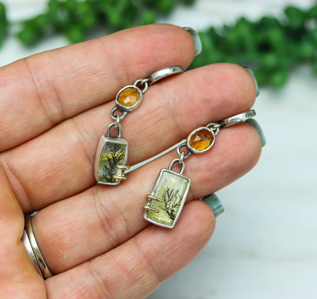 Dendritic Quartz and Citrine Dangle Earrings Sterling Silver and 18k Gold