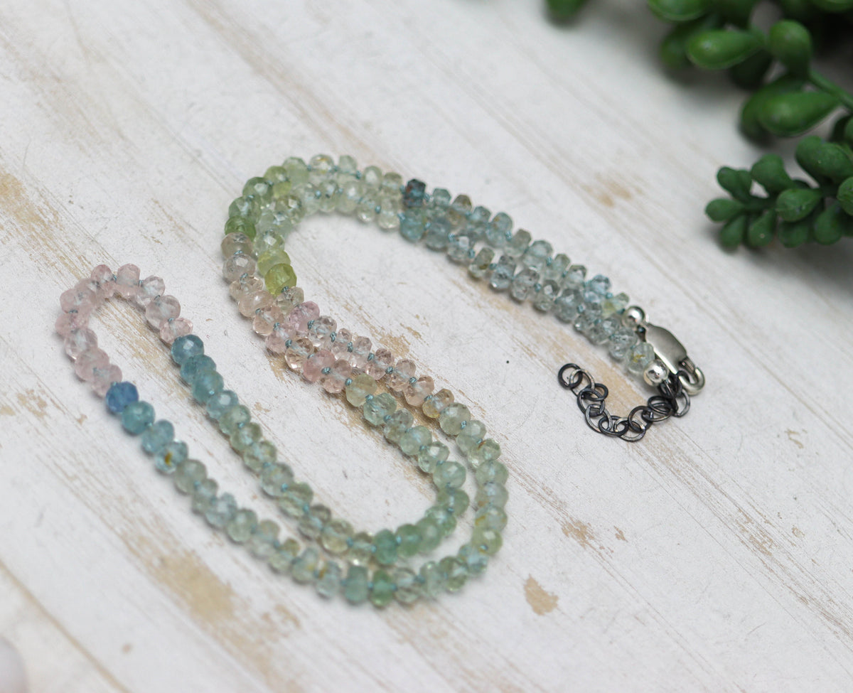 Multi Aquamarine Hand Knotted Bead Necklace Sterling Silver