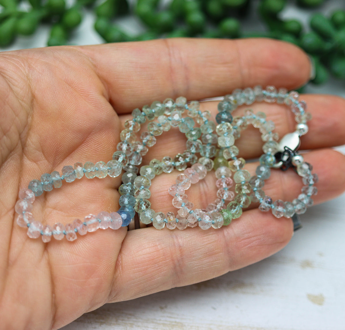 Multi Aquamarine Hand Knotted Bead Necklace Sterling Silver