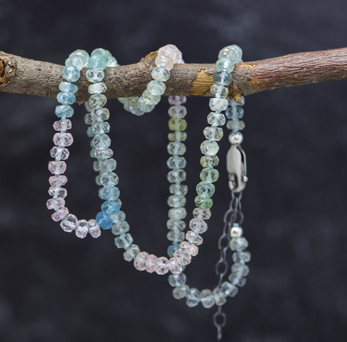 Multi Aquamarine Hand Knotted Bead Necklace Sterling Silver