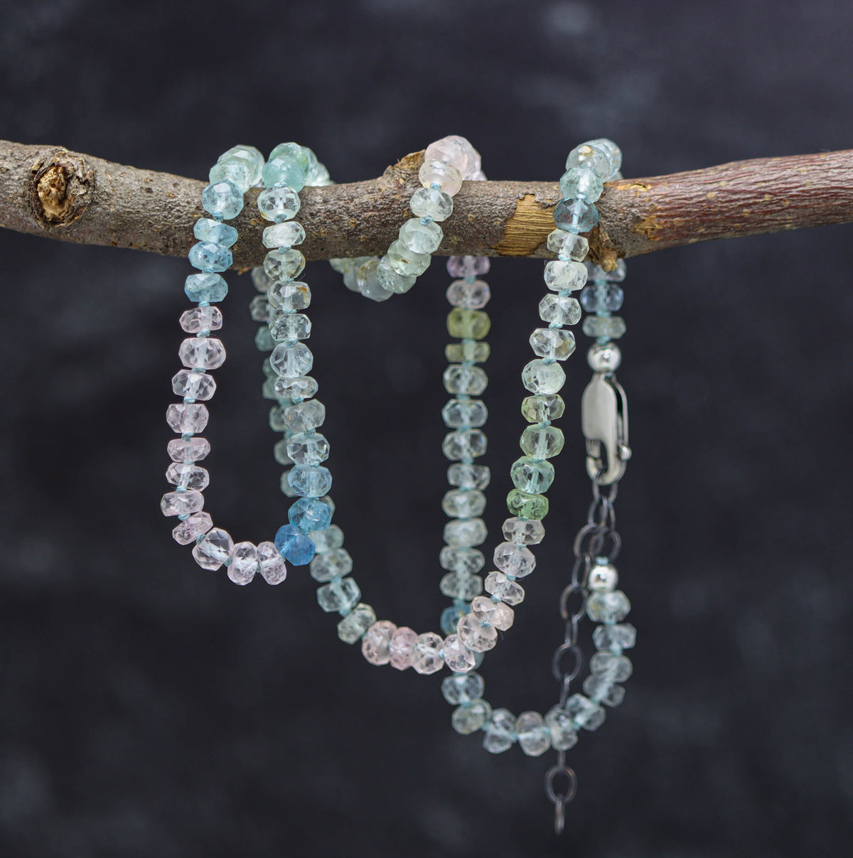 Multi Aquamarine Hand Knotted Bead Necklace Sterling Silver
