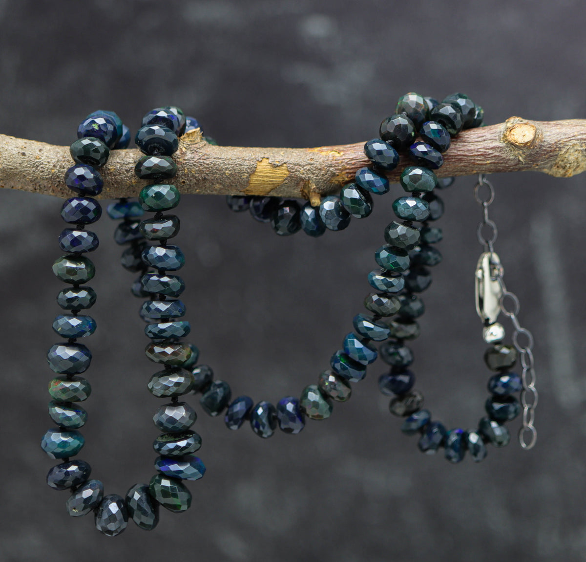 Black Opal Hand Knotted Bead Necklace Sterling Silver