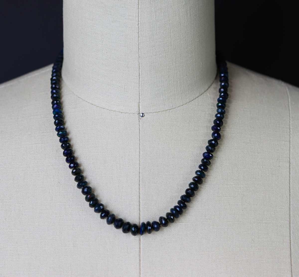 Black Opal Hand Knotted Bead Necklace Sterling Silver