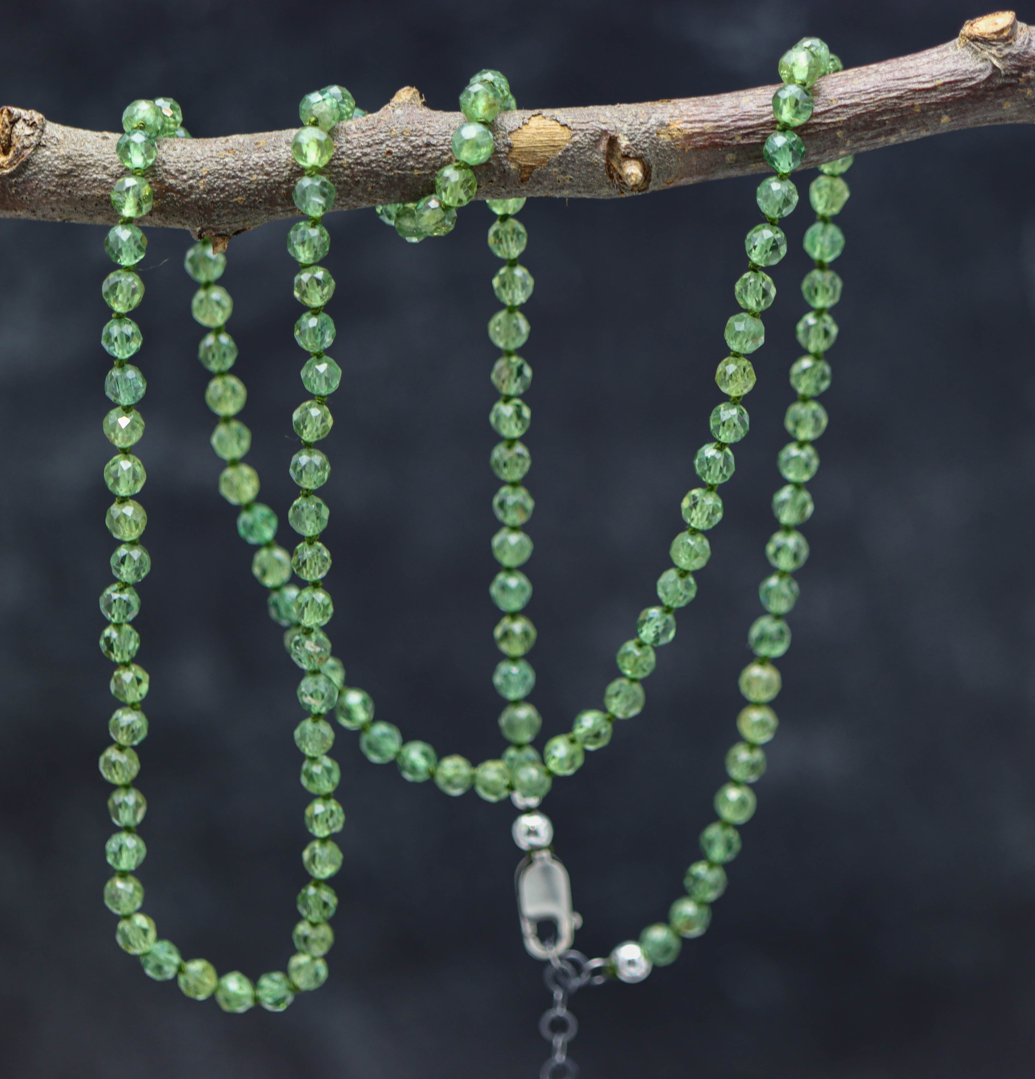 Green Apatite Hand Knotted Bead Necklace Sterling Silver