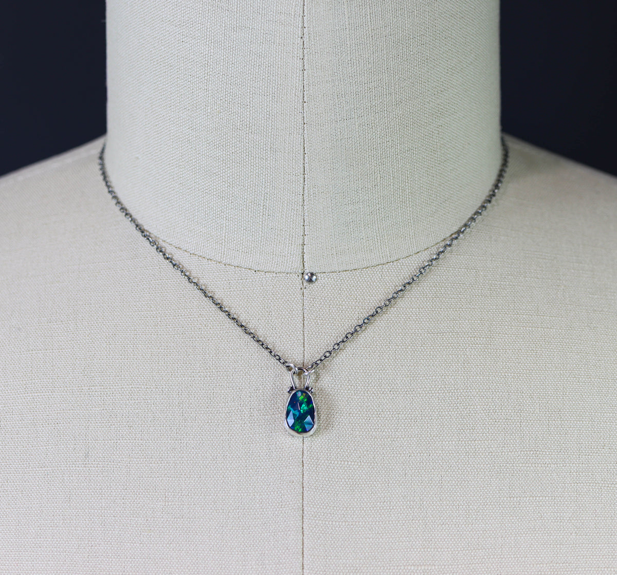 Blue Flash Ethiopian Black Opal Pendant Necklace in Sterling Silver