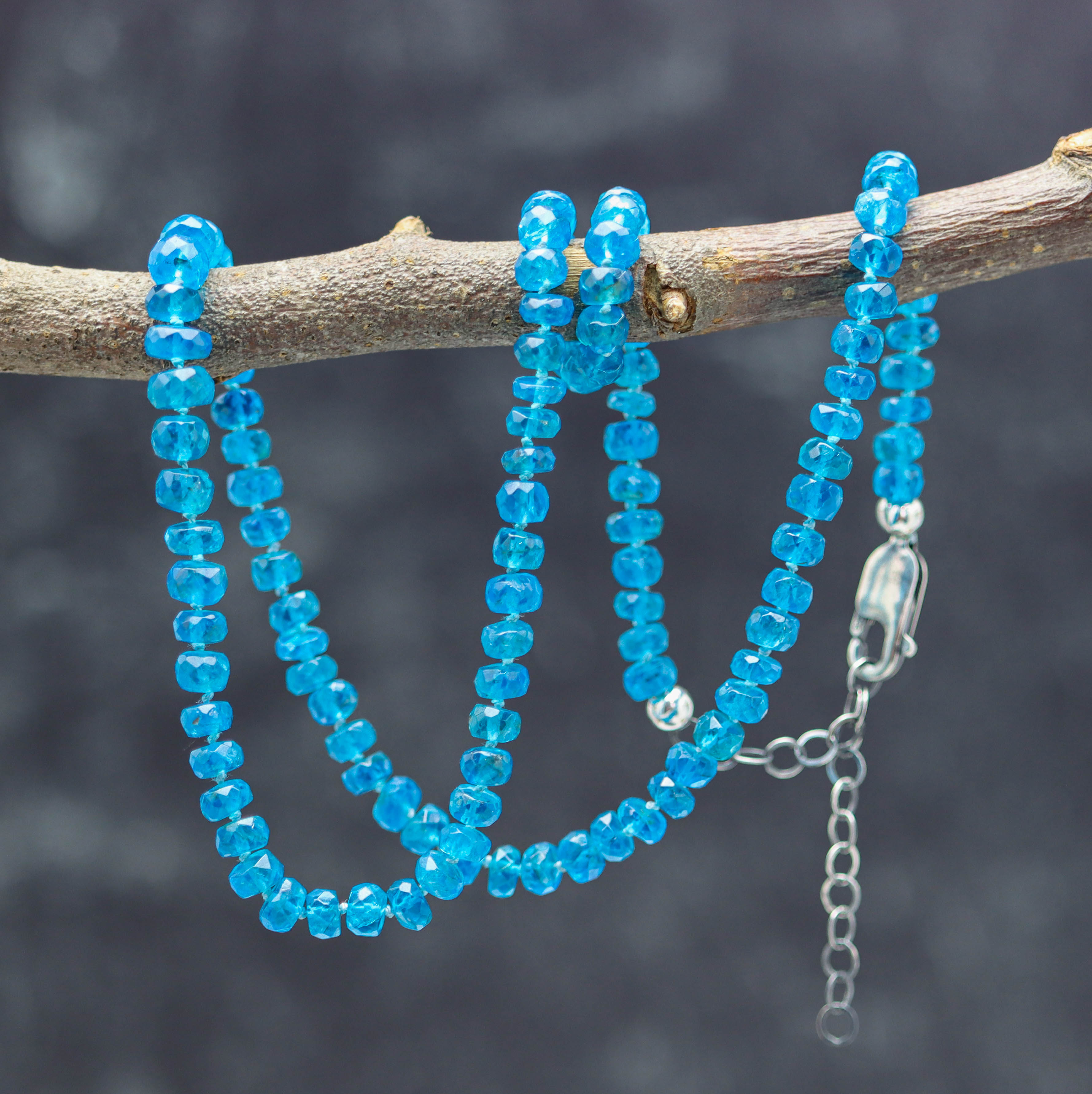 *LAST ONE* Neon Blue Apatite Hand Knotted Bead Necklace Sterling Silver