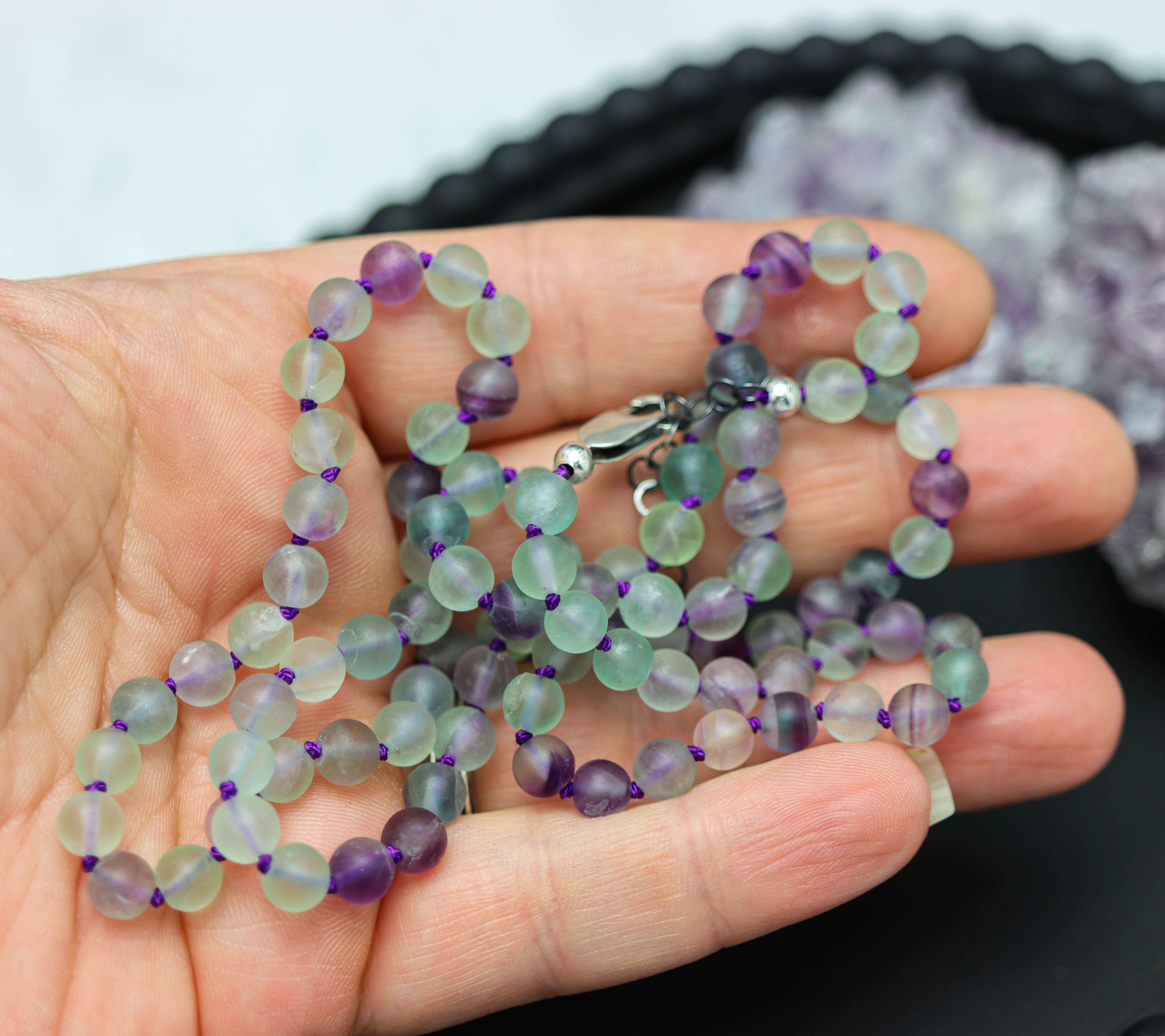 Rainbow Fluorite Hand Knotted Bead Necklace Sterling Silver