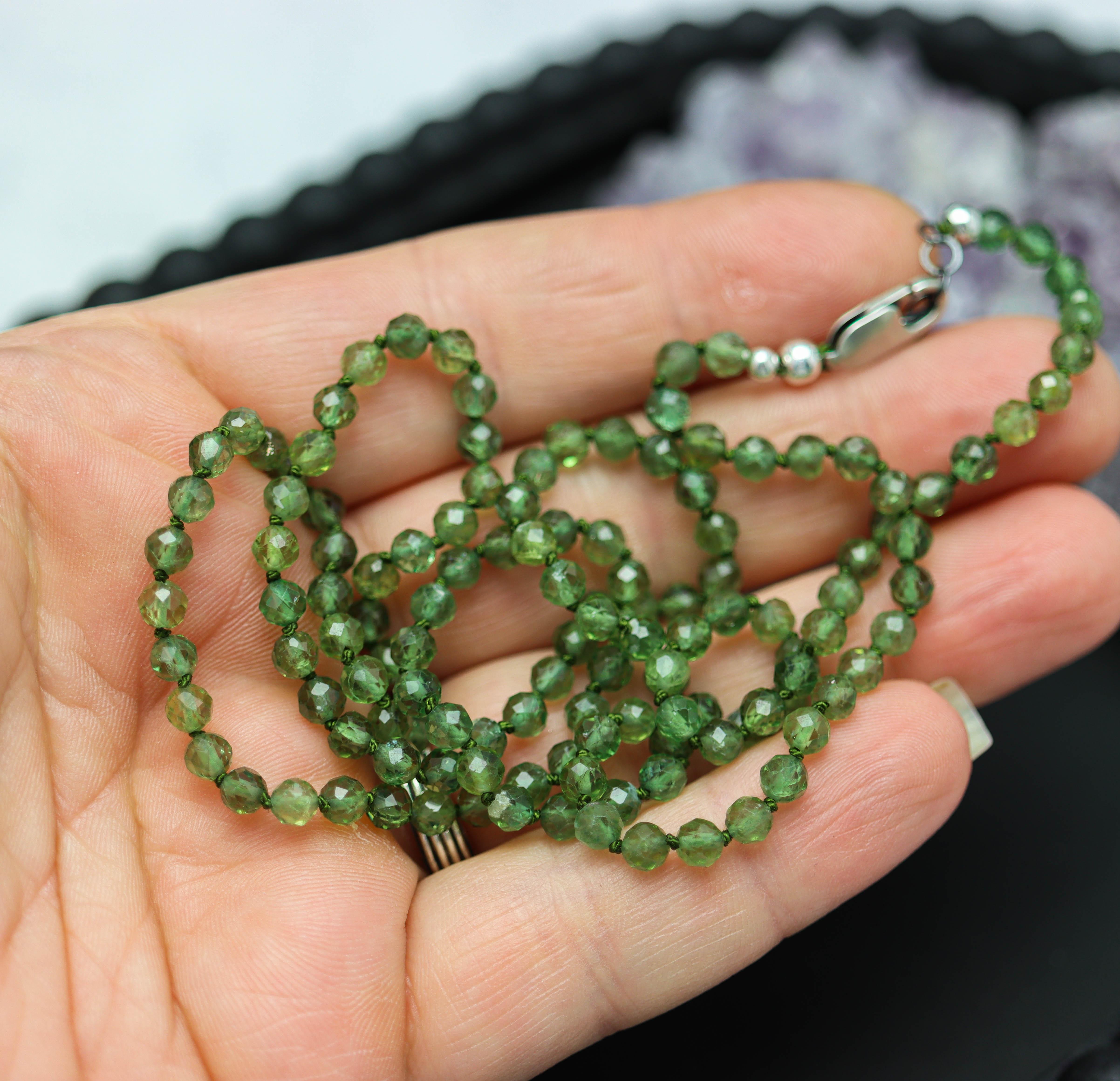 Green Apatite Hand Knotted Bead Necklace Sterling Silver
