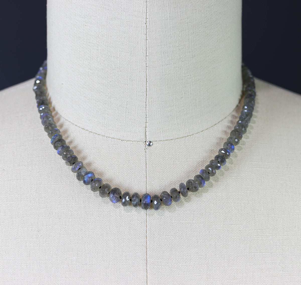 Labradorite Graduated Faceted Rondelle Hand-Knotted Strand Necklace in Sterling Silver