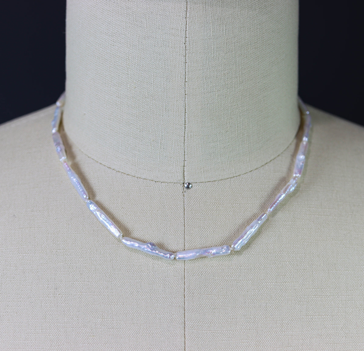 White Biwa Stick Pearl Hand Knotted Bead Necklace Sterling Silver 18 inch