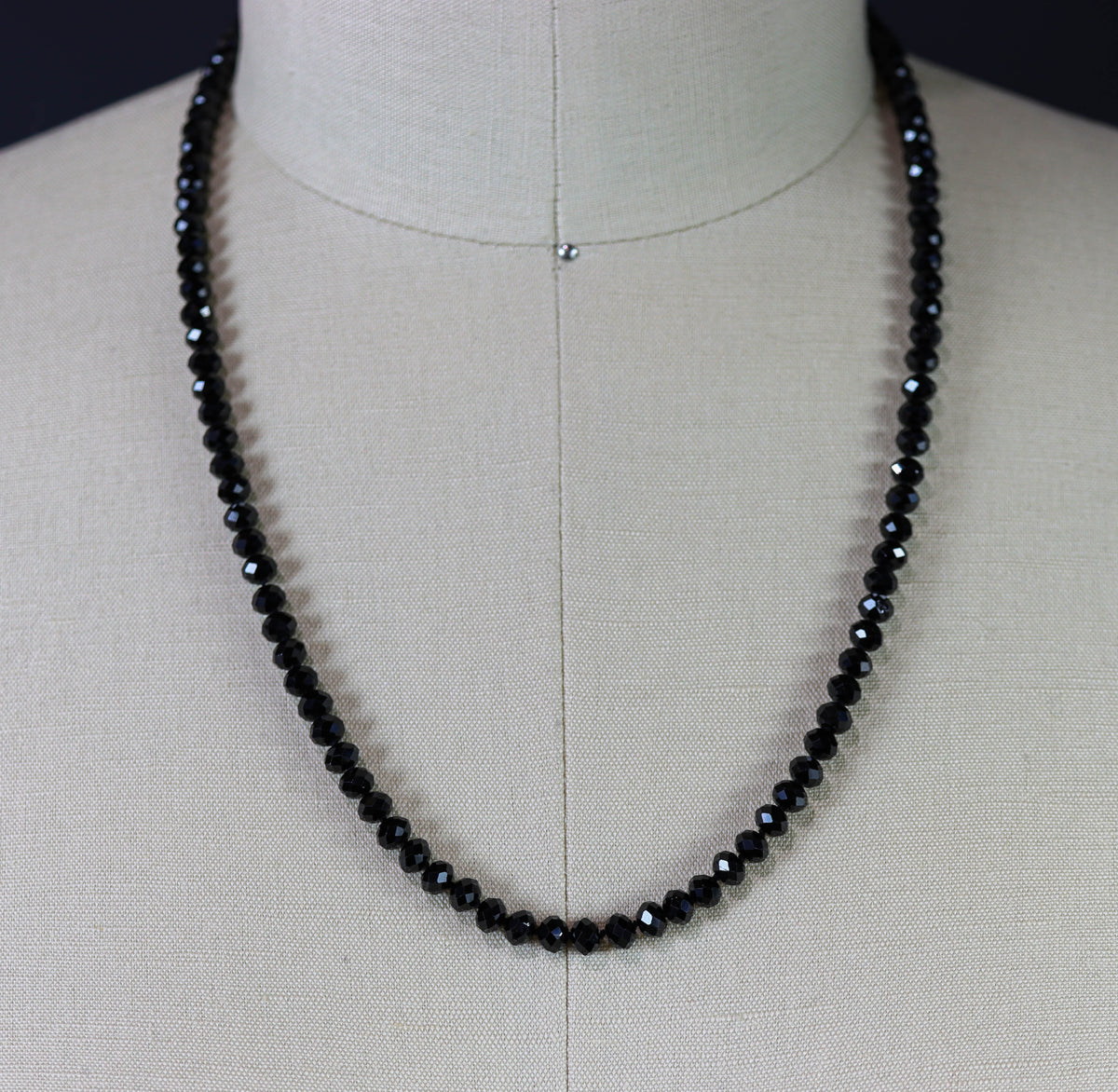 Sparkly Black Spinel Hand Knotted Bead Necklace Sterling Silver 24 Inch
