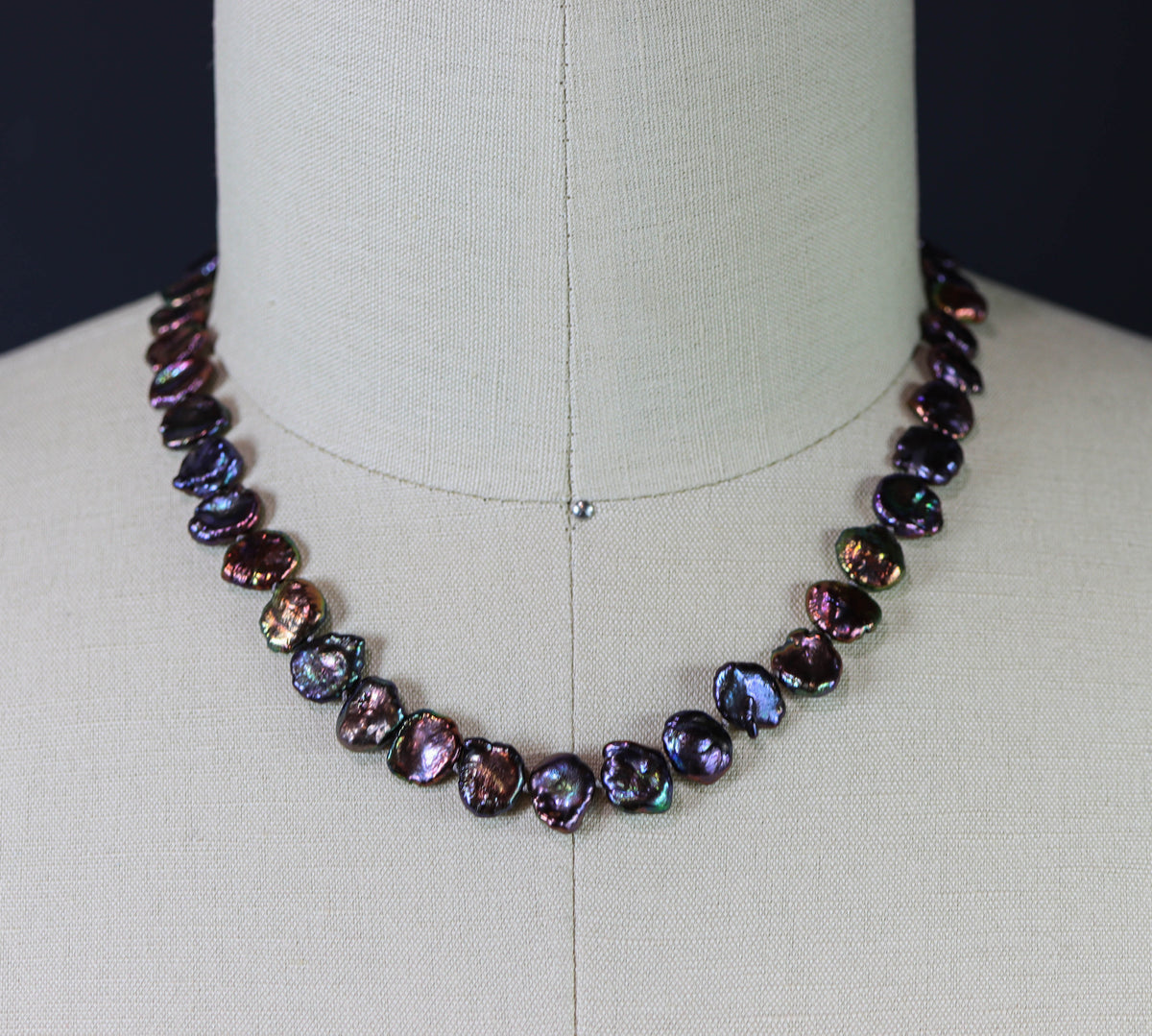 Peacock Keshi Pearl Hand Knotted Bead Necklace Sterling Silver 18 inch