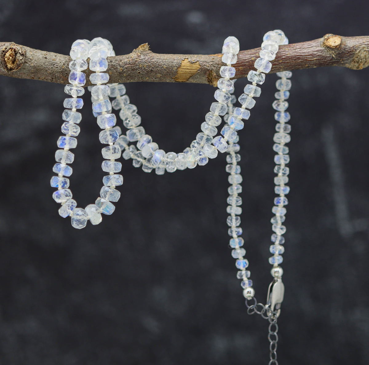Rainbow Moonstone Hand Knotted Bead Necklace Sterling Silver