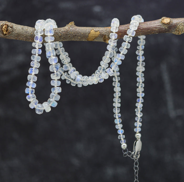 Rainbow Moonstone Hand Knotted Bead Necklace Sterling Silver