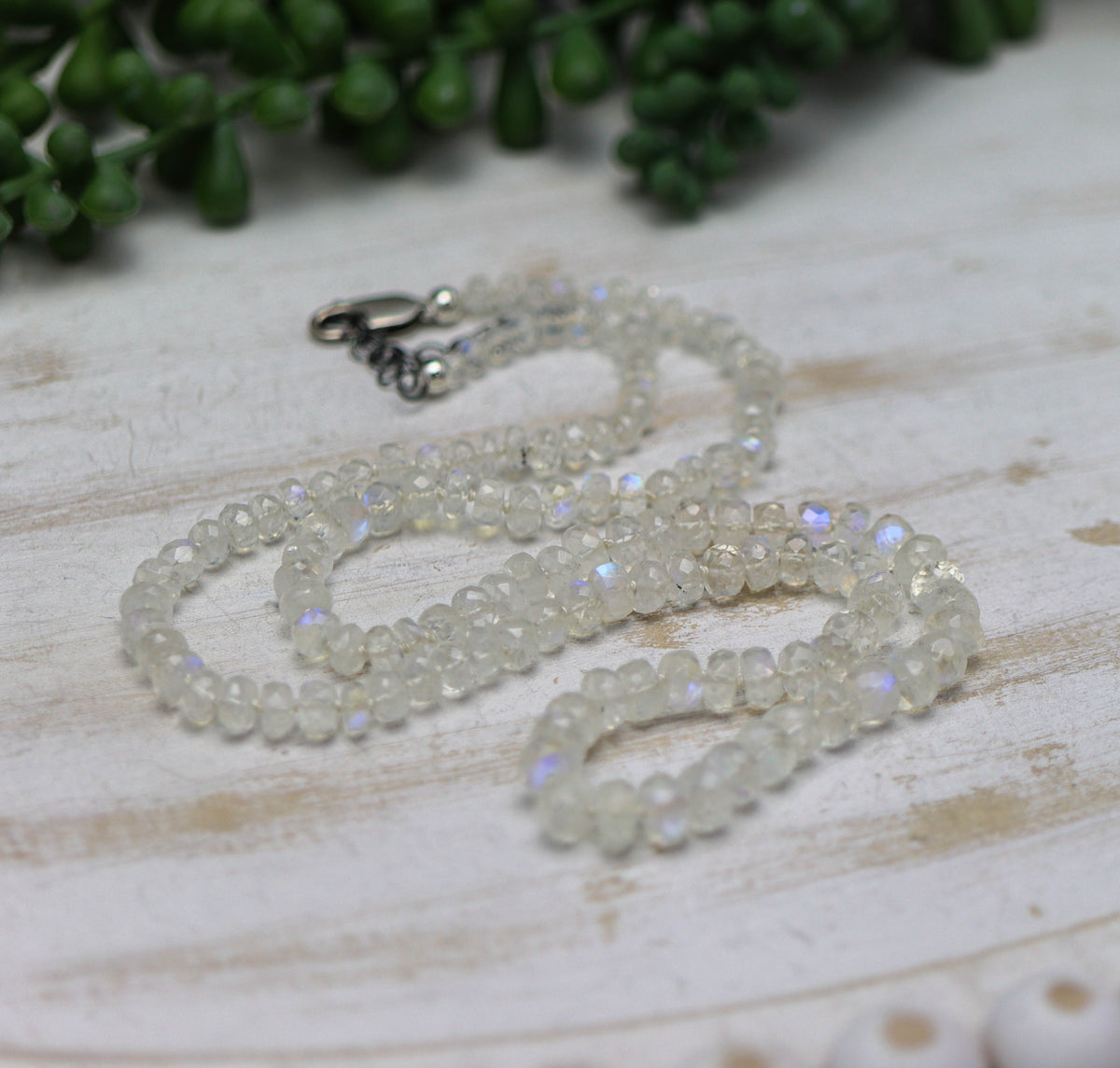 Rainbow Moonstone Hand Knotted Bead Necklace Sterling Silver
