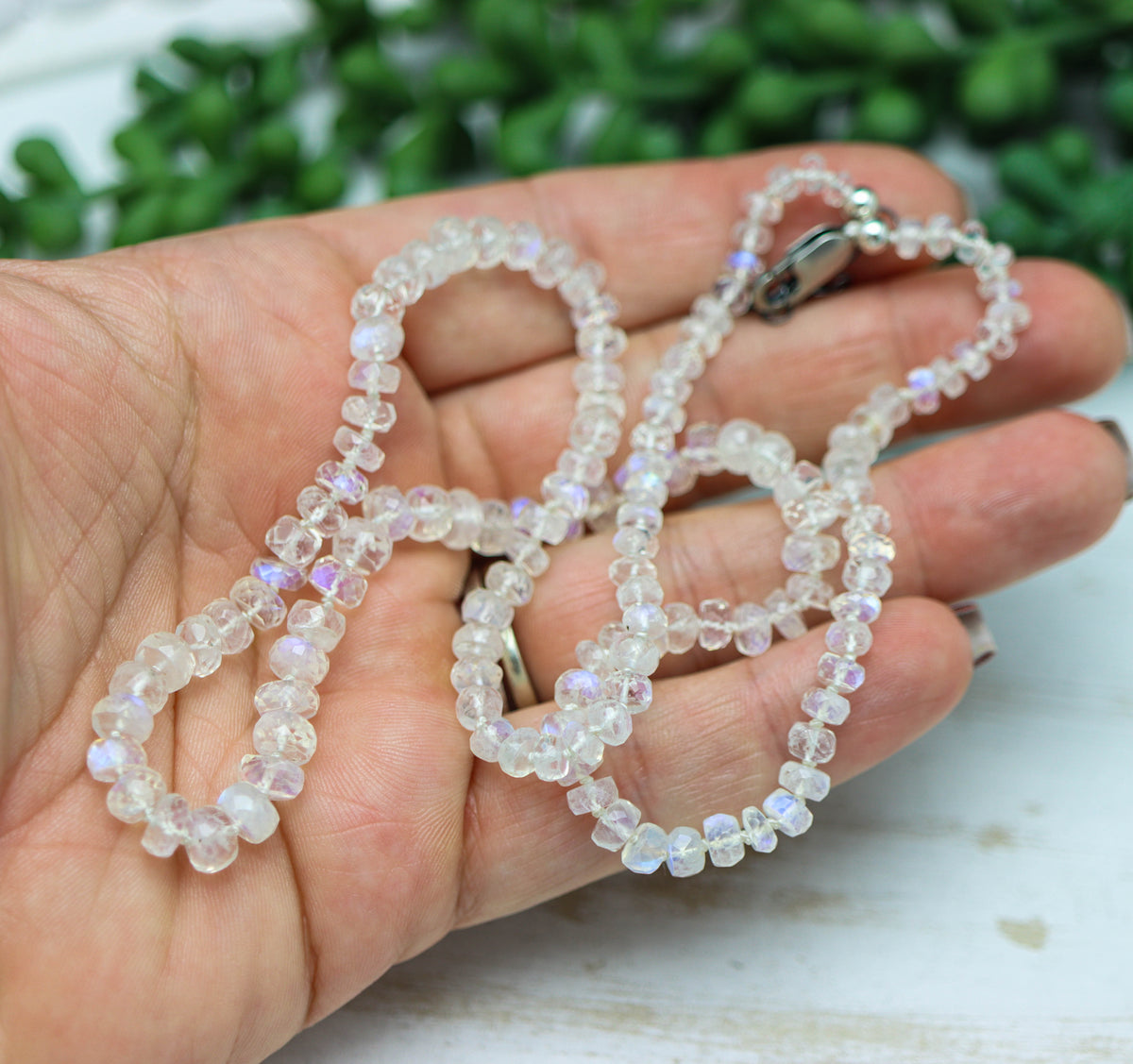 Rainbow Moonstone Hand Knotted Bead Necklace Sterling Silver