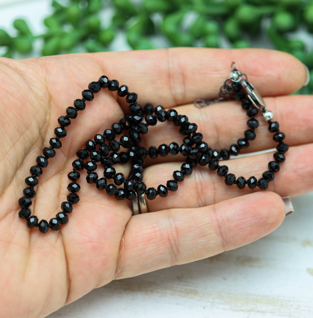 Sparkly Black Spinel Hand Knotted Bead Necklace Sterling Silver 18 Inch