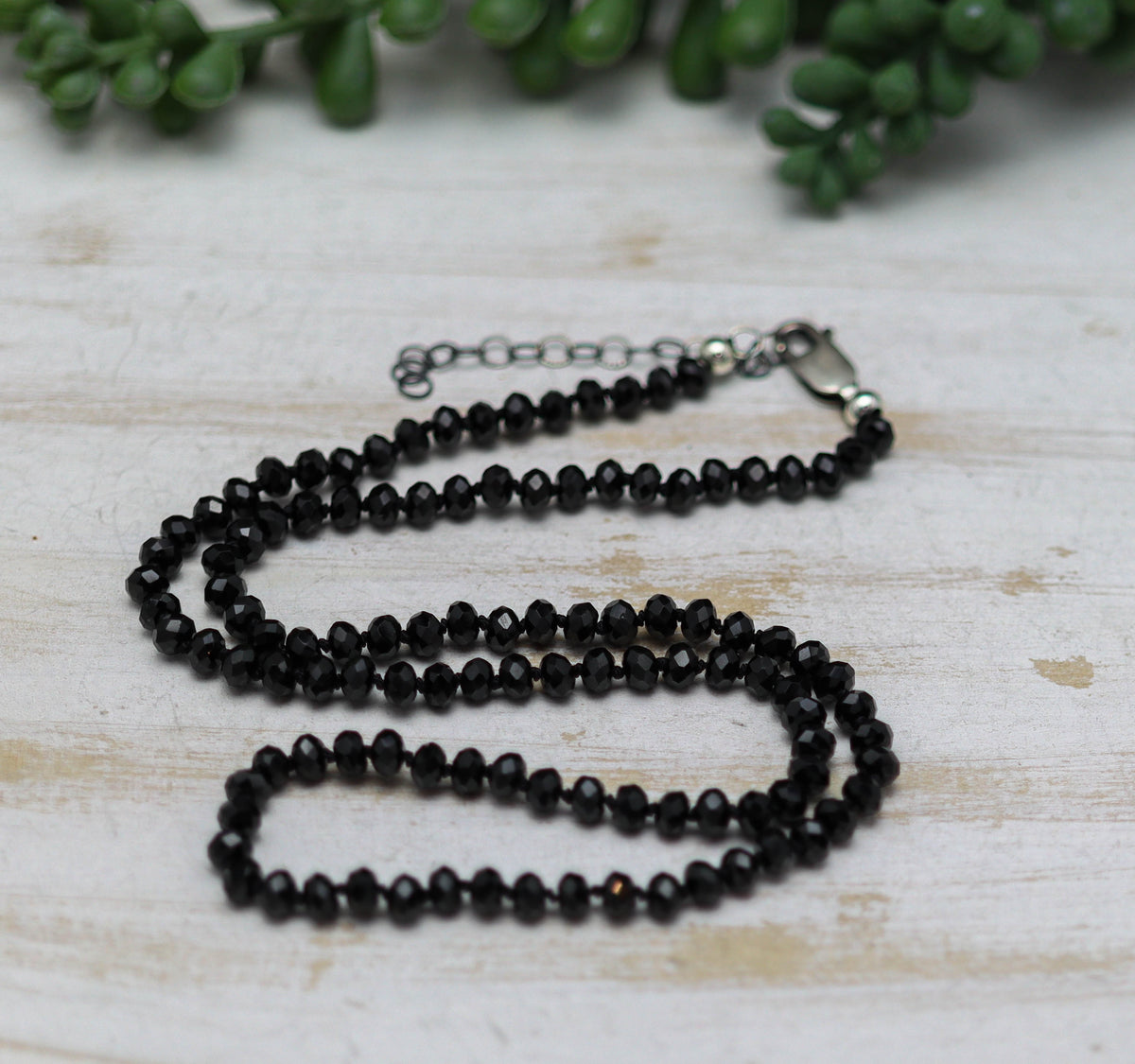 Sparkly Black Spinel Hand Knotted Bead Necklace Sterling Silver 18 Inch