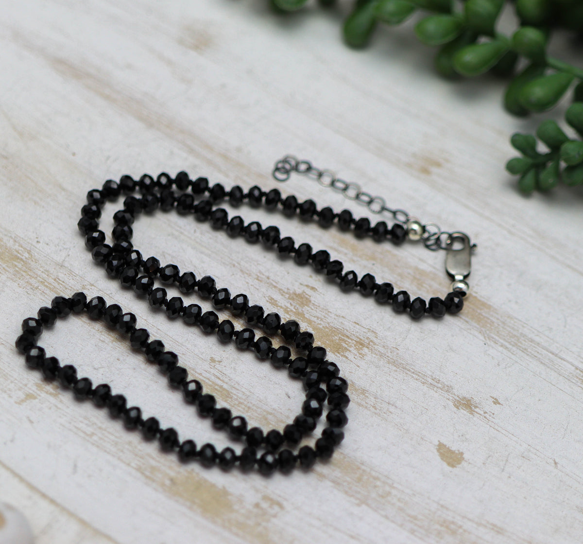 Sparkly Black Spinel Hand Knotted Bead Necklace Sterling Silver 18 Inch