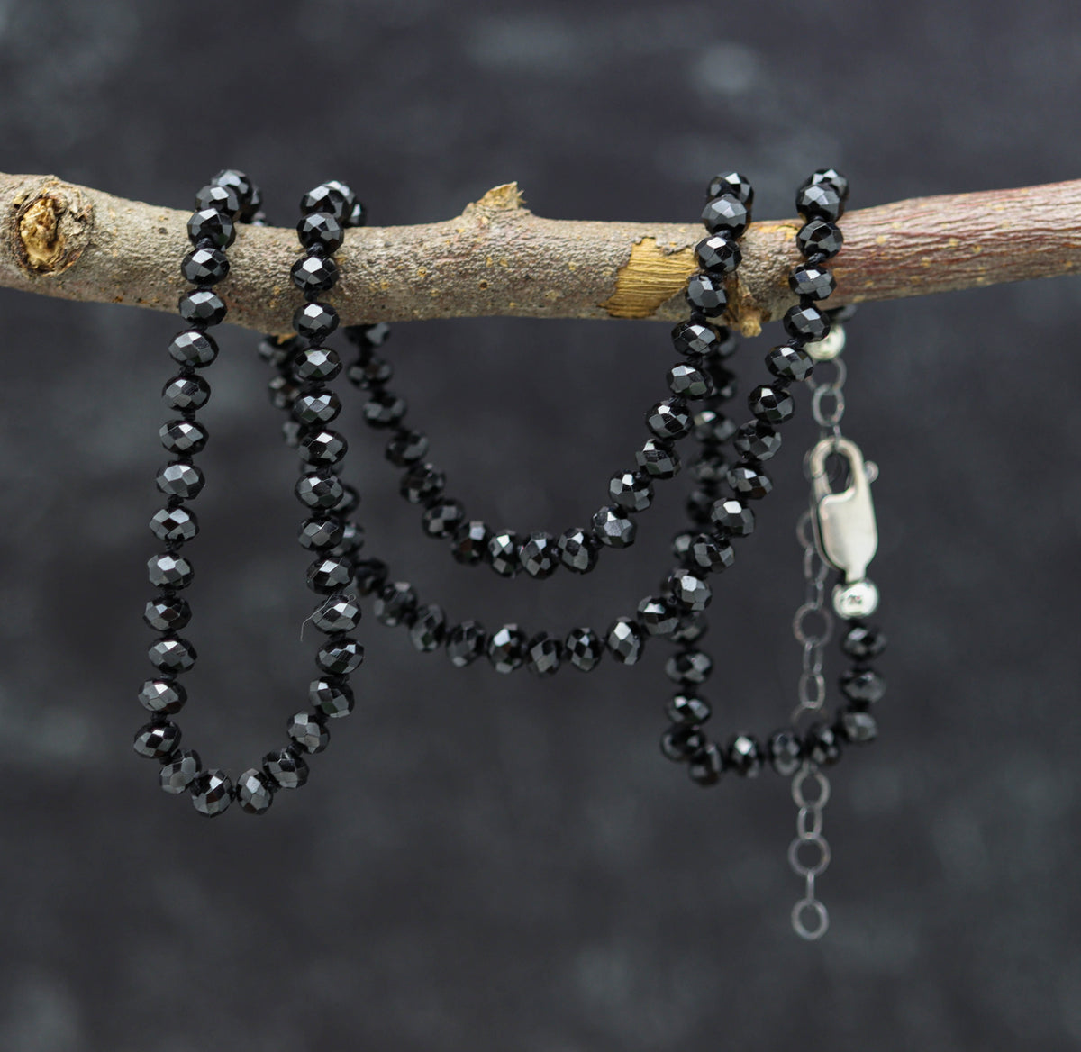 Sparkly Black Spinel Hand Knotted Bead Necklace Sterling Silver 18 Inch