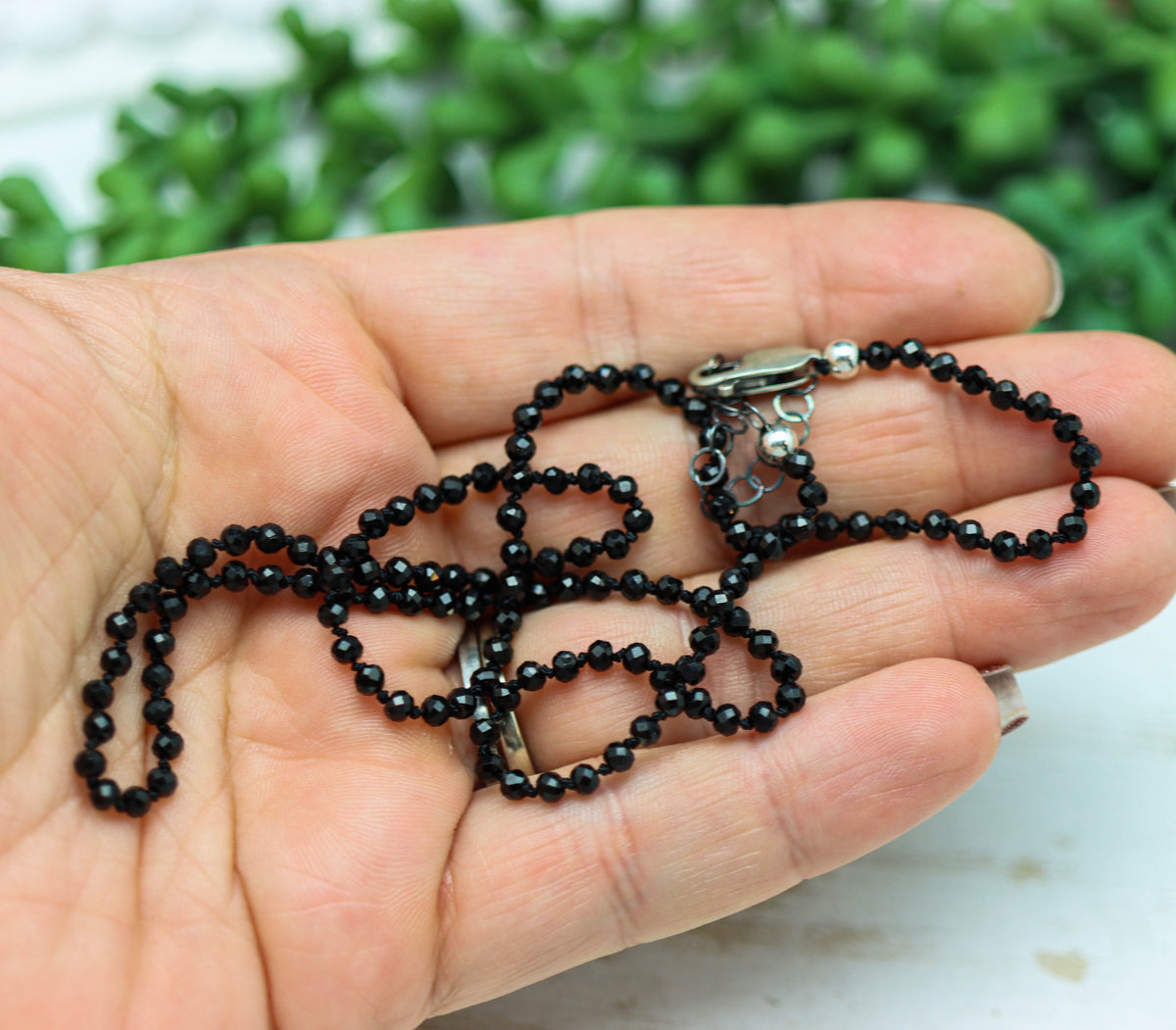Sparkly Black Spinel Hand Knotted Bead Necklace Sterling Silver