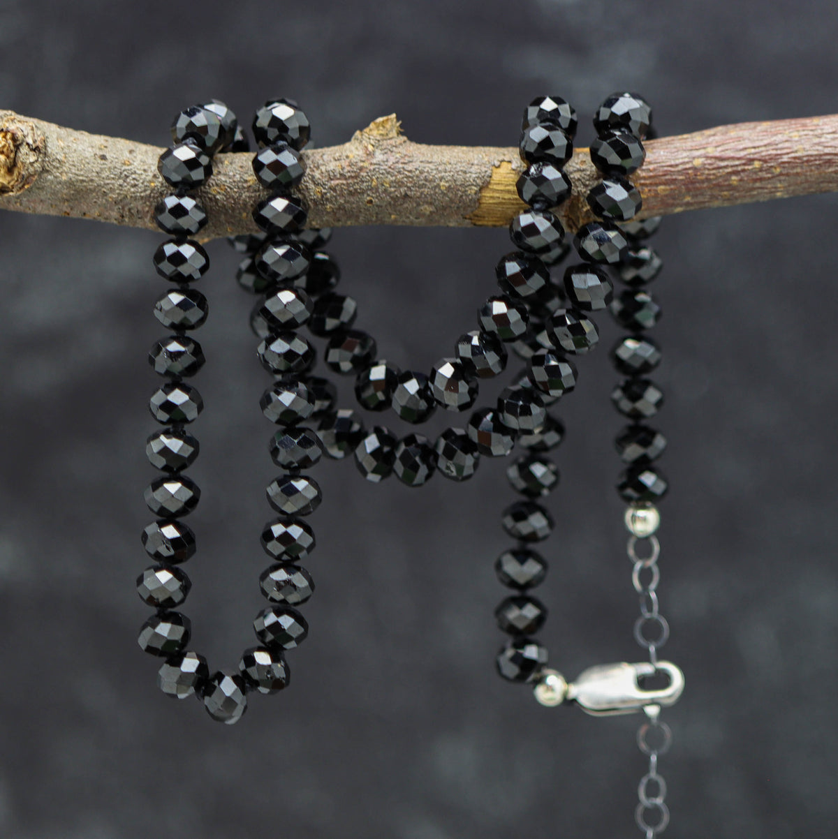 Sparkly Black Spinel Hand Knotted Bead Necklace Sterling Silver 24 Inch