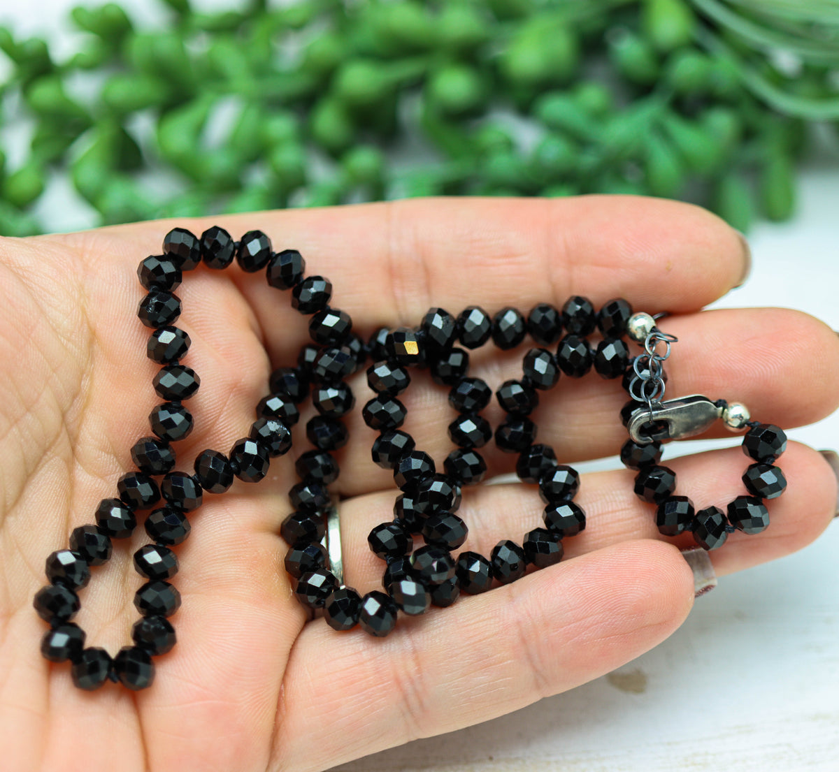 Sparkly Black Spinel Hand Knotted Bead Necklace Sterling Silver 24 Inch