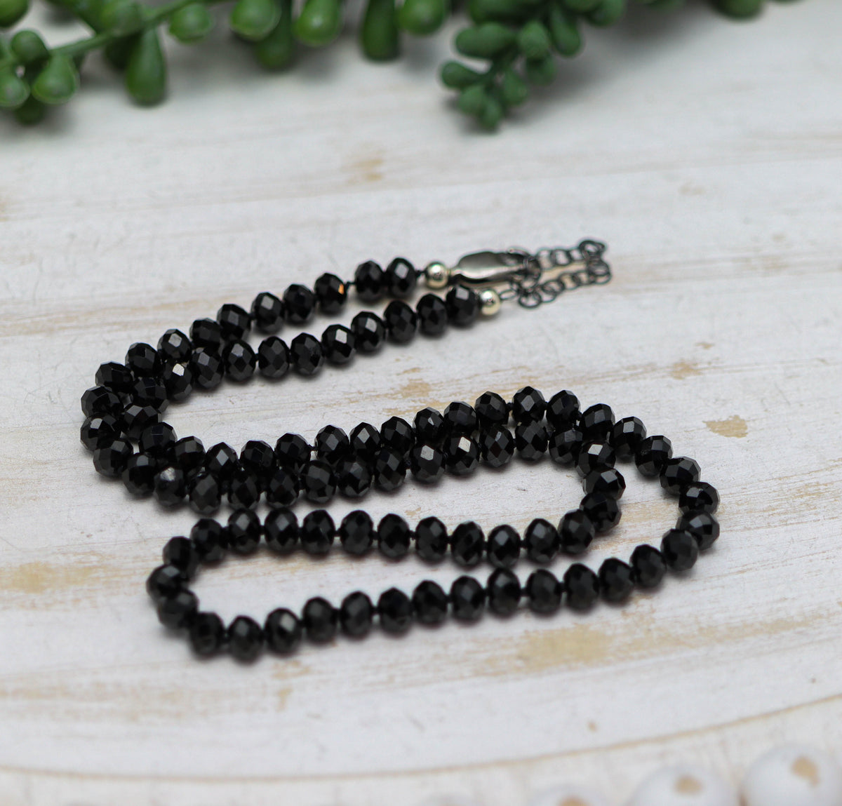 Sparkly Black Spinel Hand Knotted Bead Necklace Sterling Silver 24 Inch