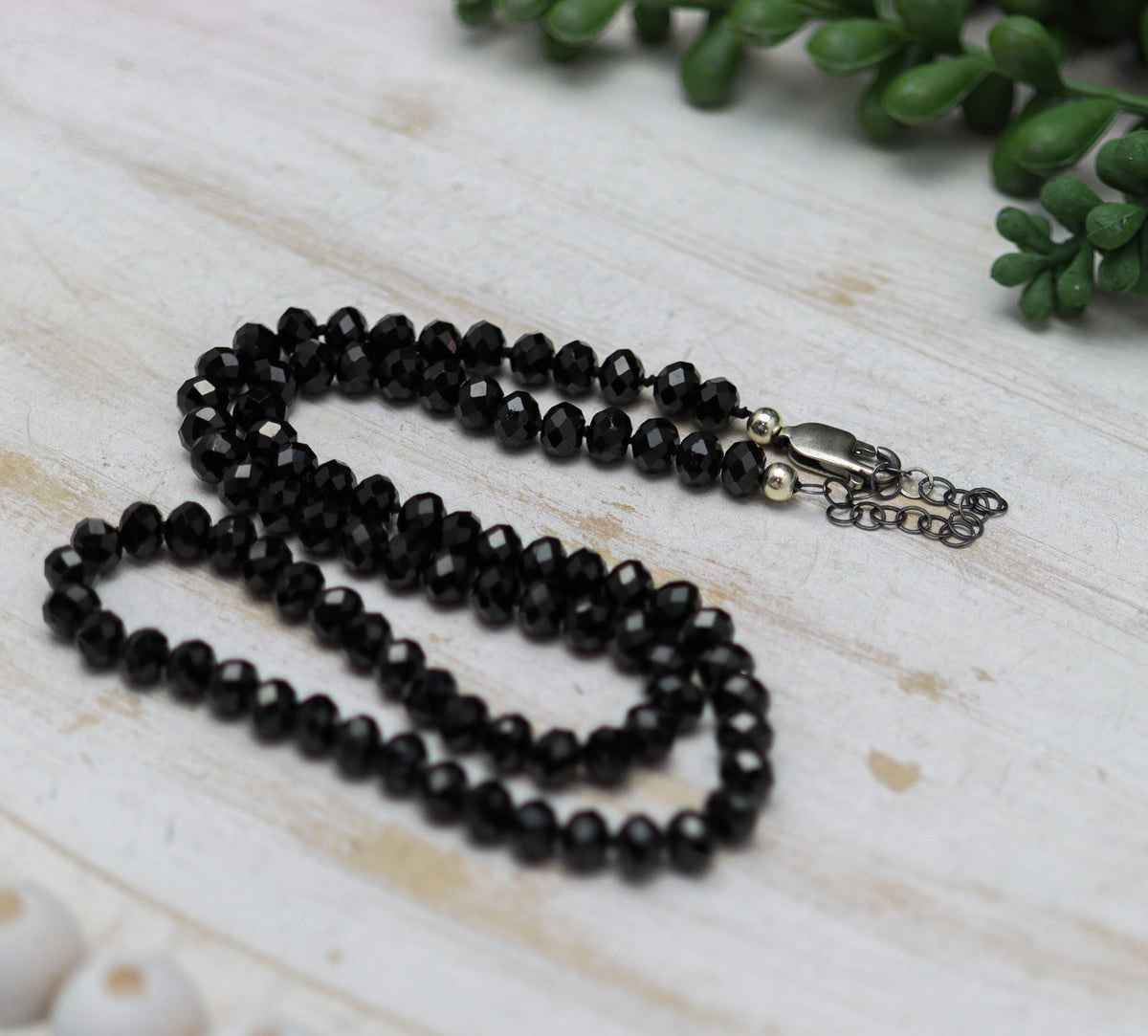 Sparkly Black Spinel Hand Knotted Bead Necklace Sterling Silver 24 Inch