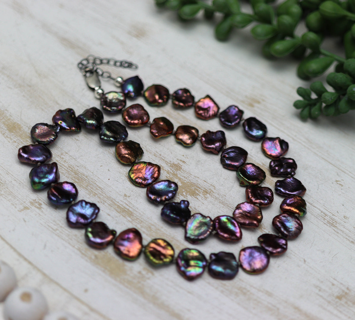 Peacock Keshi Pearl Hand Knotted Bead Necklace Sterling Silver 18 inch