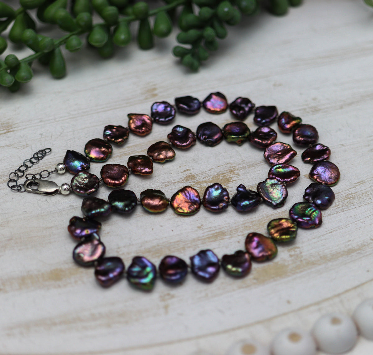 Peacock Keshi Pearl Hand Knotted Bead Necklace Sterling Silver 18 inch