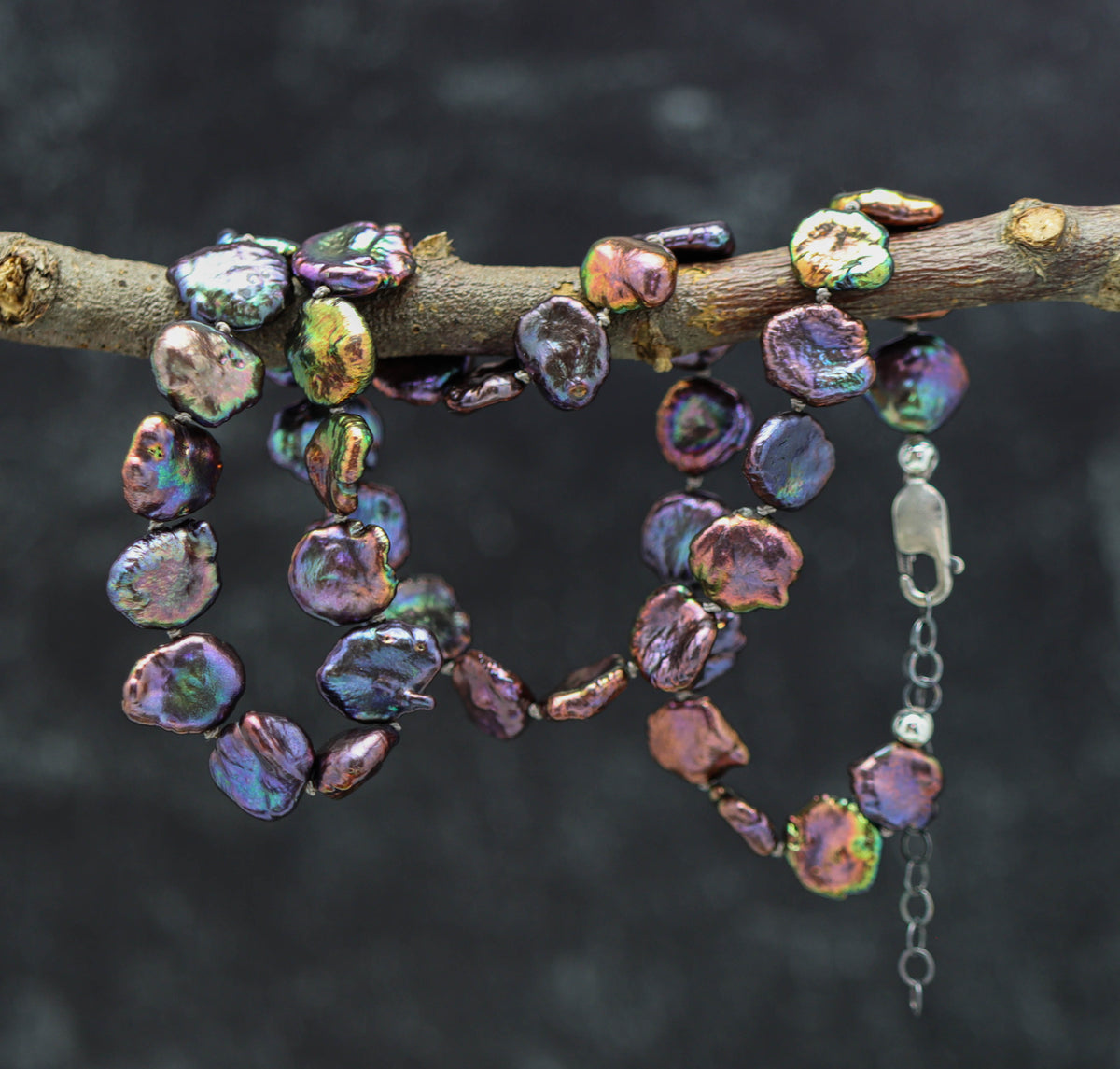 Peacock Keshi Pearl Hand Knotted Bead Necklace Sterling Silver 18 inch