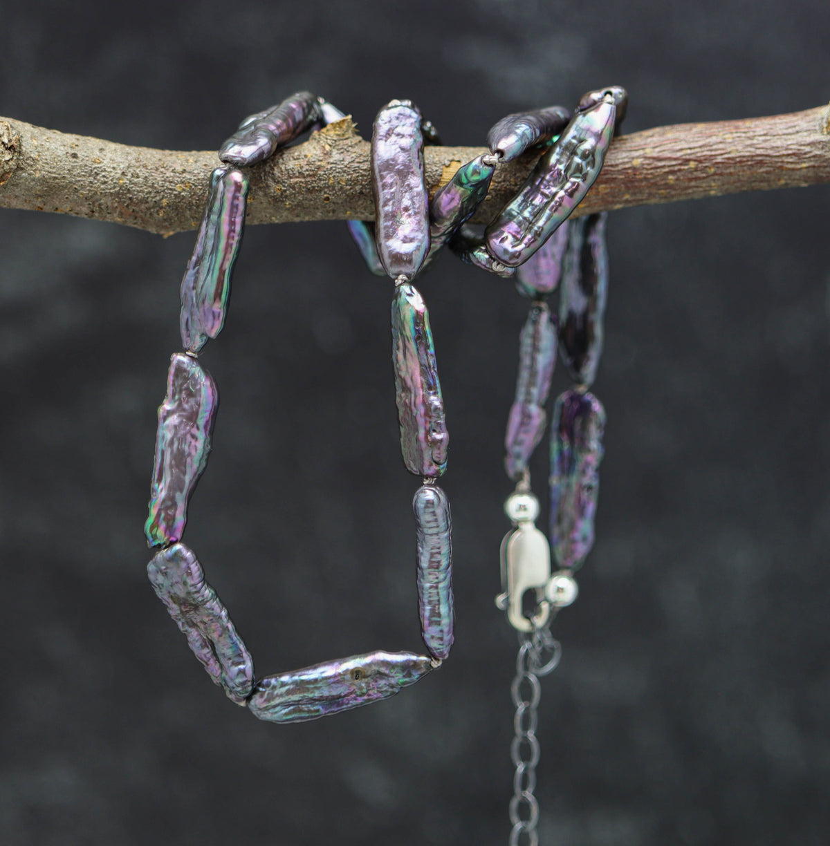Peacock Biwa Pearl Hand Knotted Bead Necklace Sterling Silver 18 inch