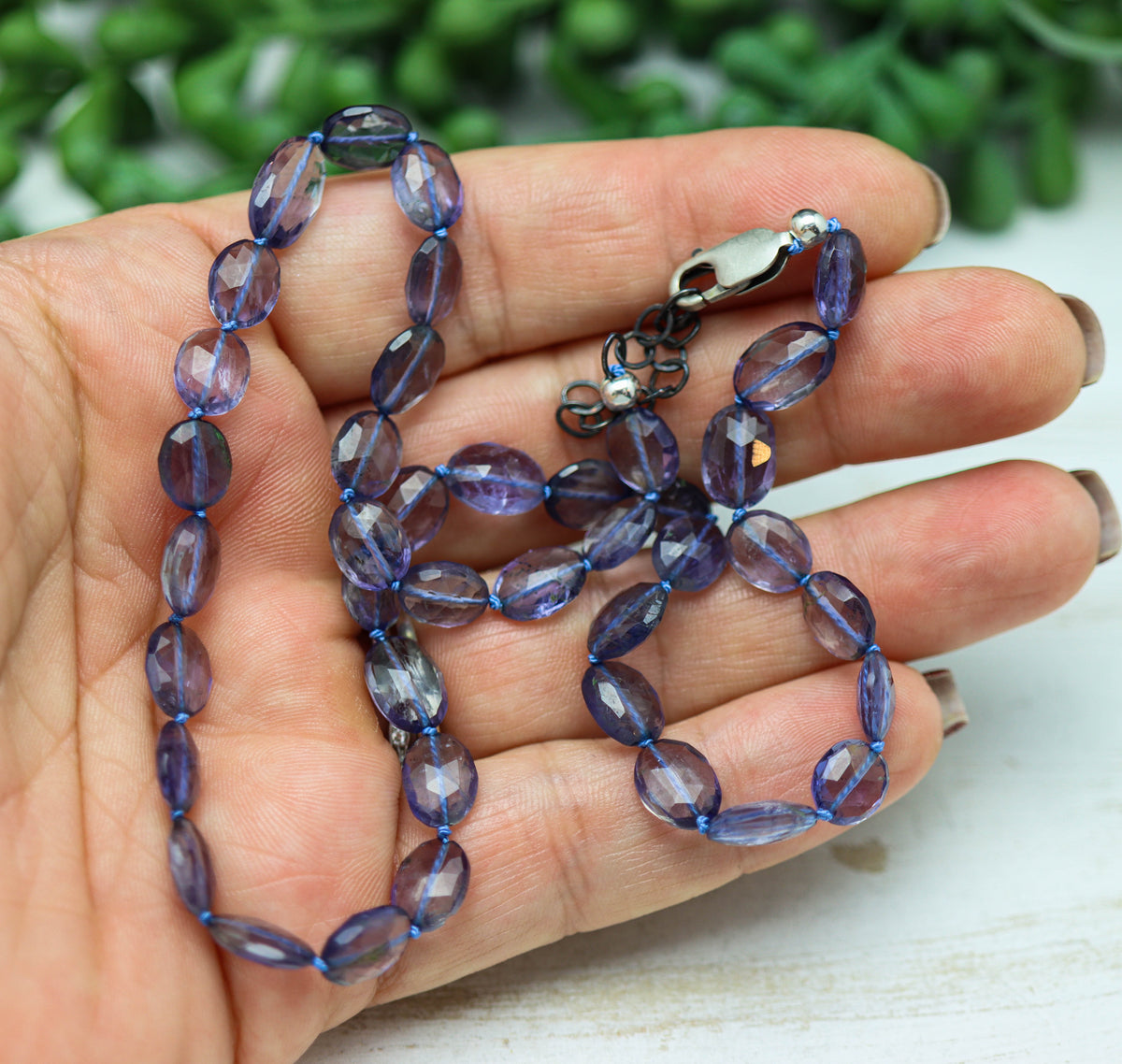 Blue Violet Iolite Faceted Oval Hand Knotted Bead Necklace Sterling Silver 18 inch