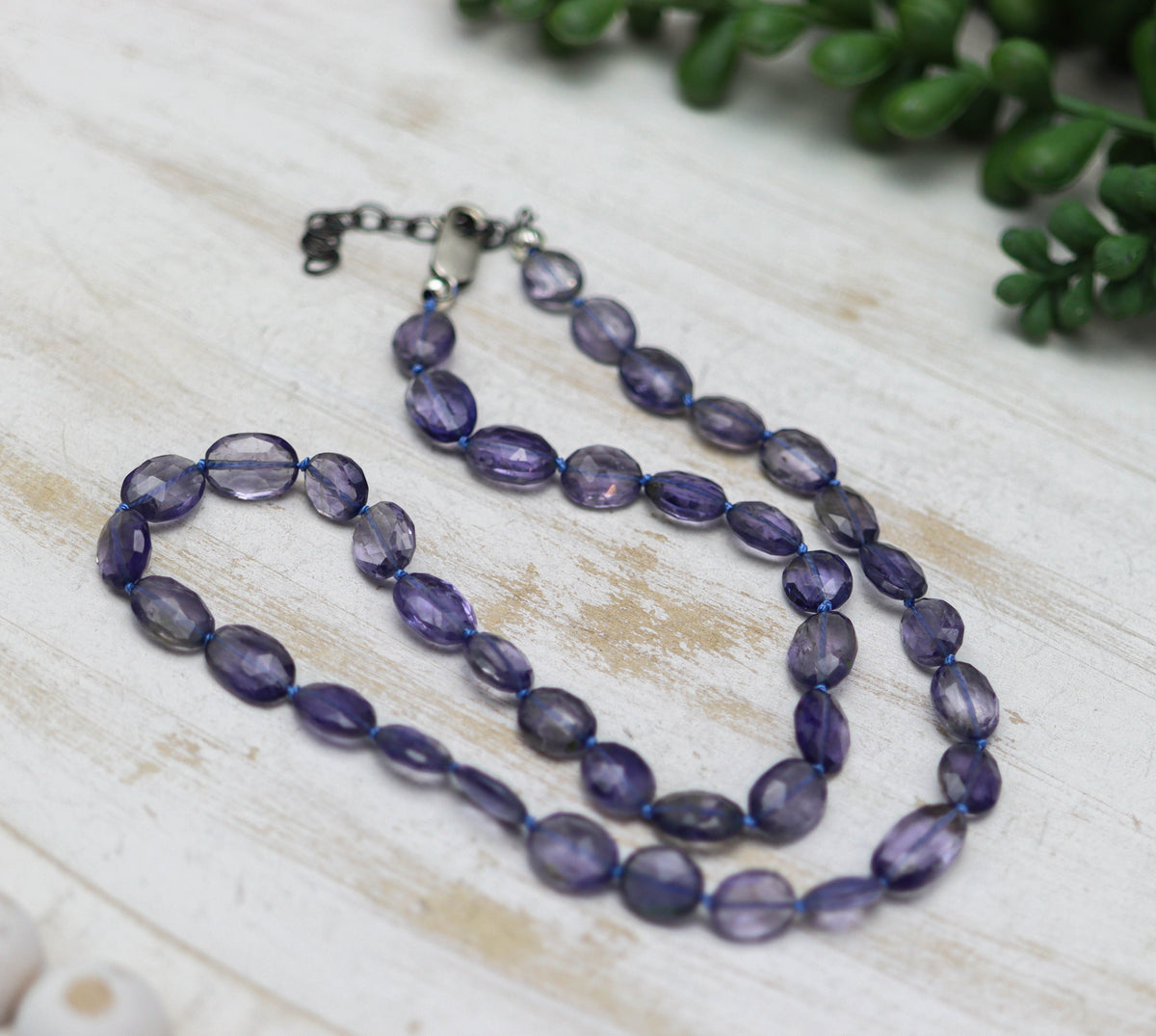 Blue Violet Iolite Faceted Oval Hand Knotted Bead Necklace Sterling Silver 18 inch