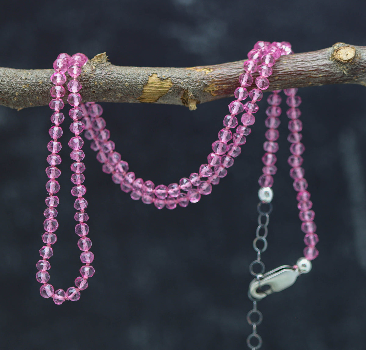 Pink Quartz Hand Knotted Bead Necklace Sterling Silver