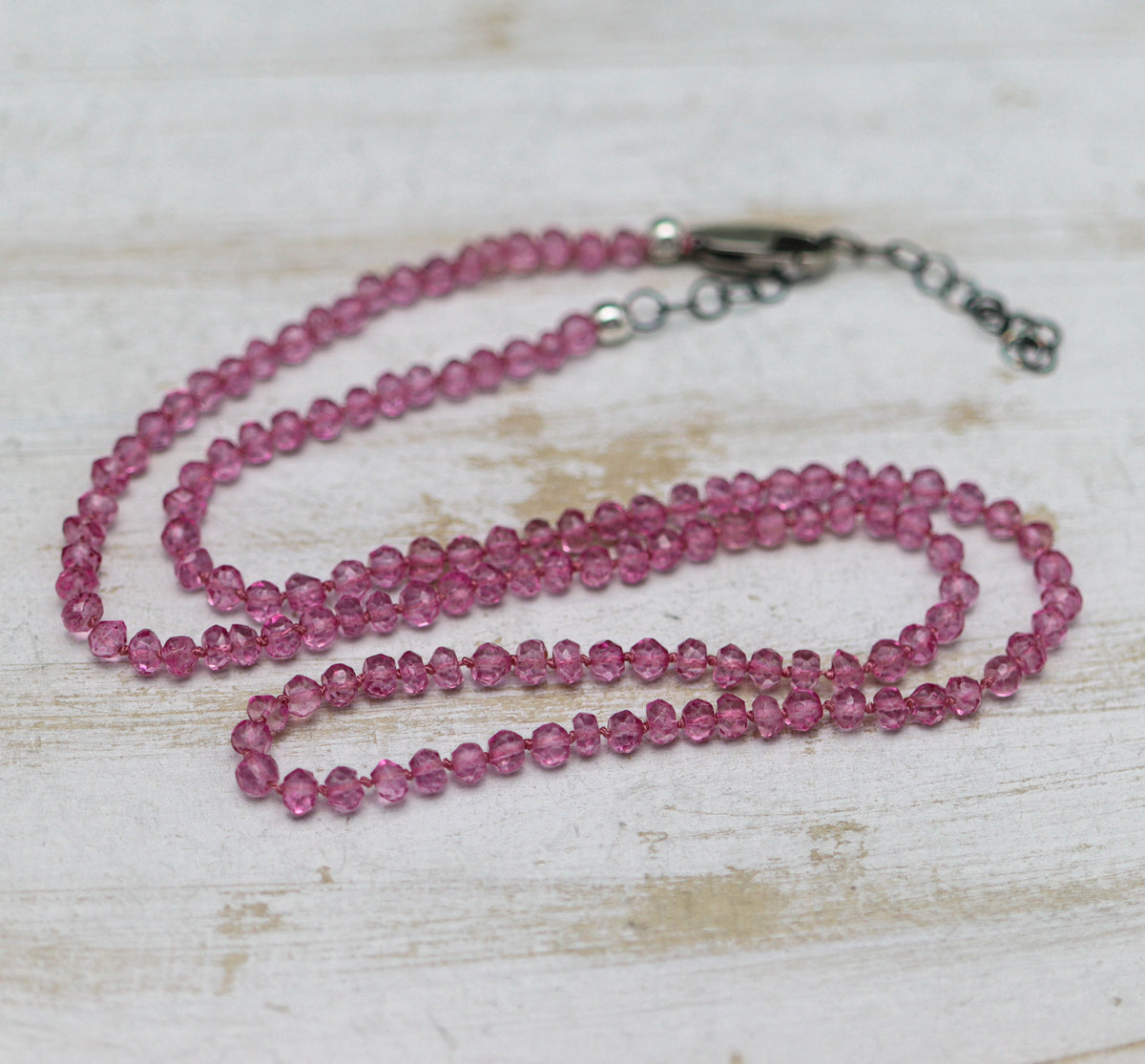 Pink Quartz Hand Knotted Bead Necklace Sterling Silver